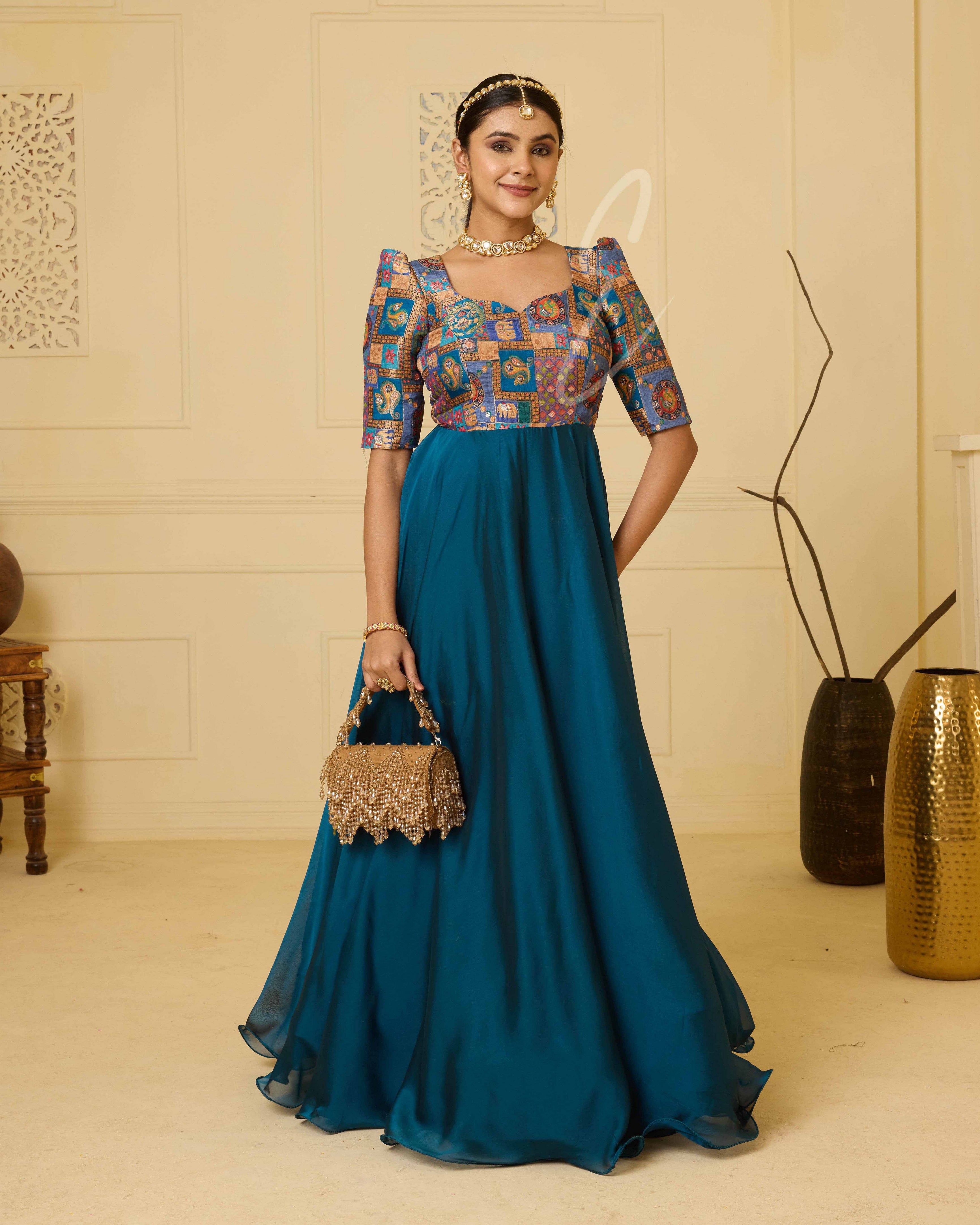 dress peacock blue A georgette silk gown – Evarrah traditional lehriya dress Vera Wang's Black Wedding Colour:BLUE AND WHITE