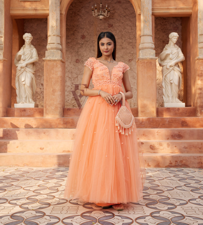 Coral Orange Flared Gown Evarrah - Crafting Textiles, Creating Style Coral Orange Flared Gown Evarrah - Crafting Textiles, Creating Style