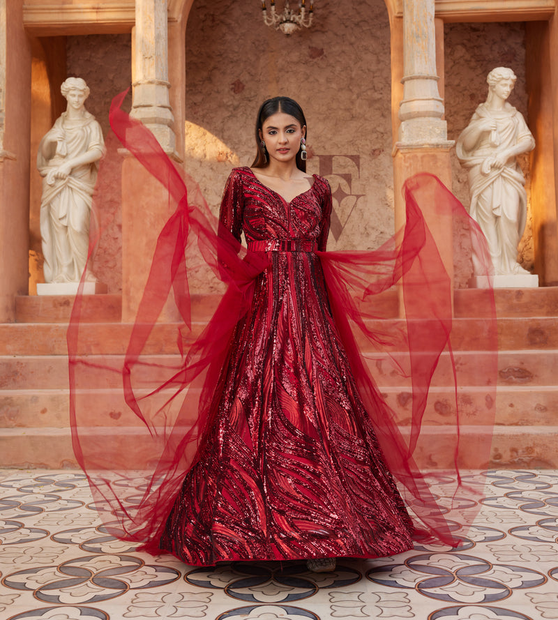 Maroon Flared Gown made from Premium Net Fabric Evarrah - Crafting Textiles, Creating Style Maroon Flared Gown made from Premium Net Fabric Evarrah - Crafting Textiles, Creating Style