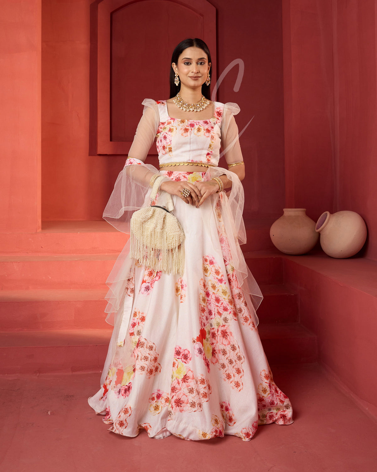 Cream-floral Lehenga