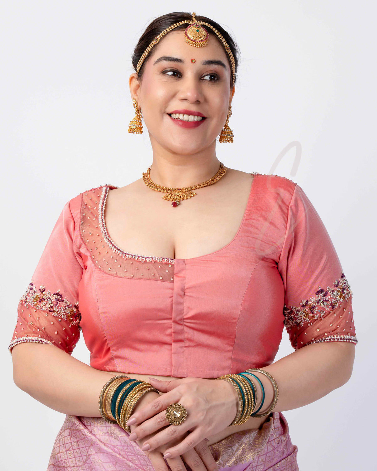 Salomen Pink Silk Cotton with Net Blouse