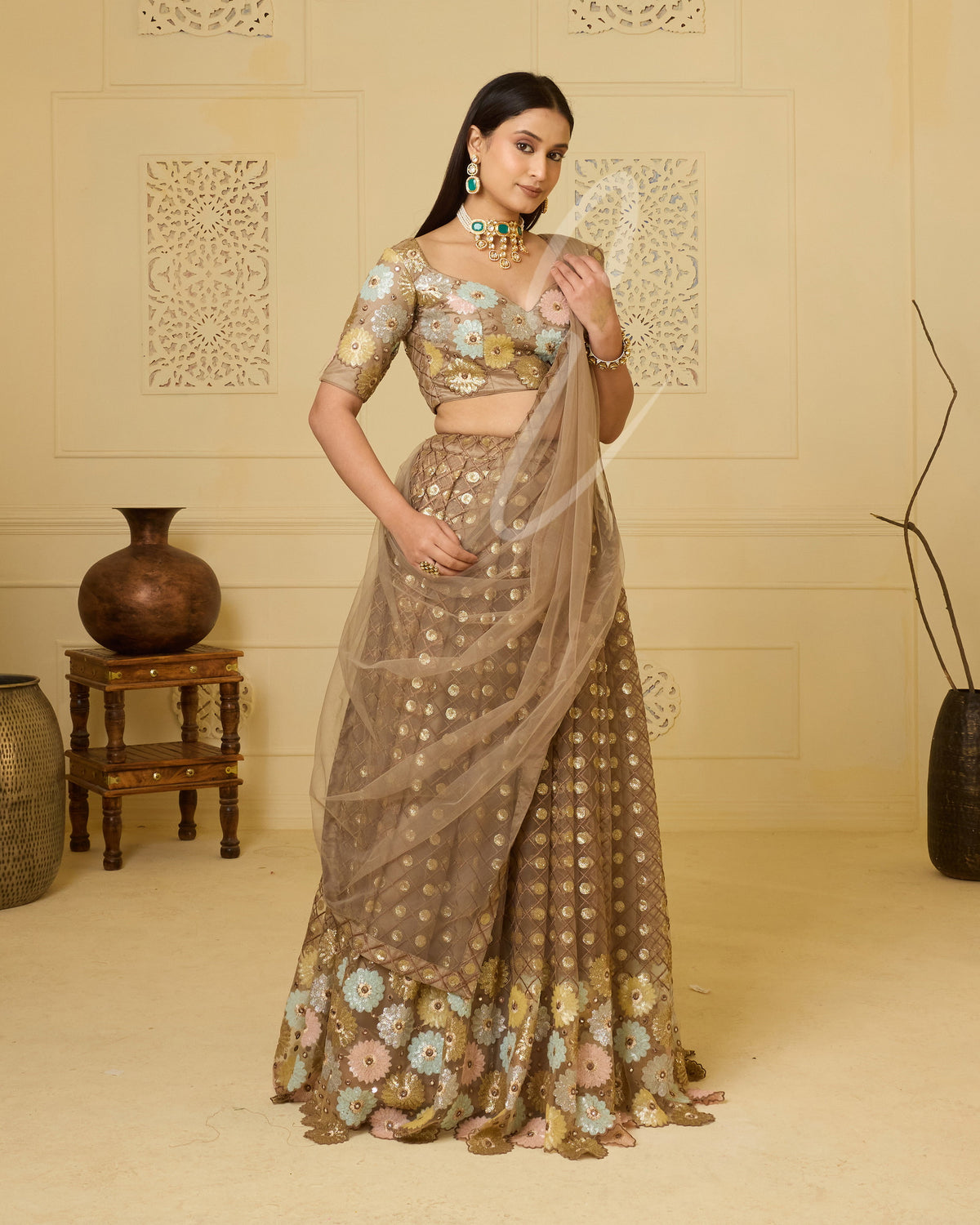 This biscuit-coloured lehenga