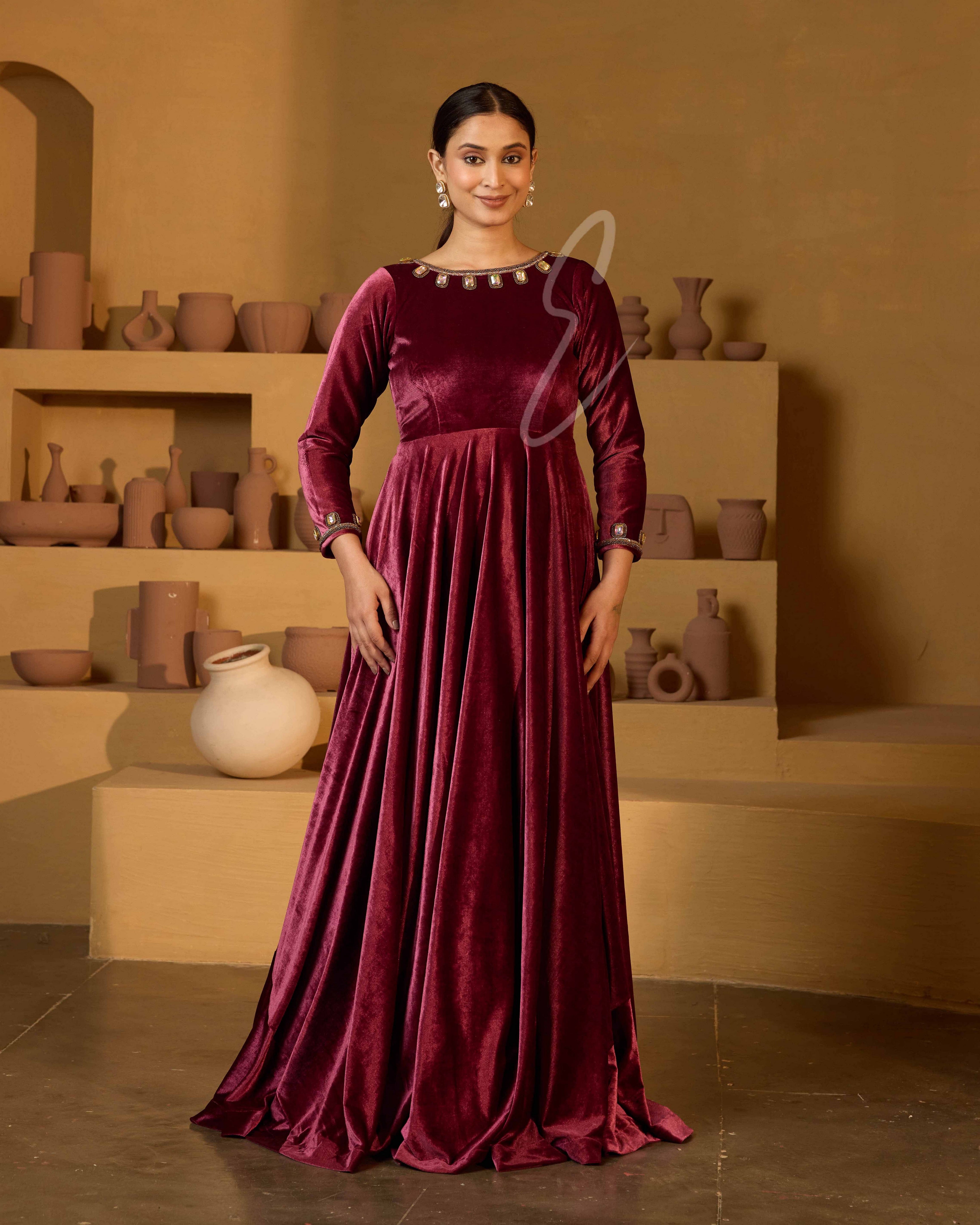 A rich onion pink velvet gown