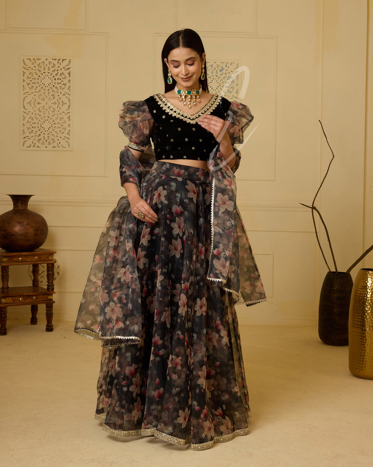 Full Black lehenga floral printed design