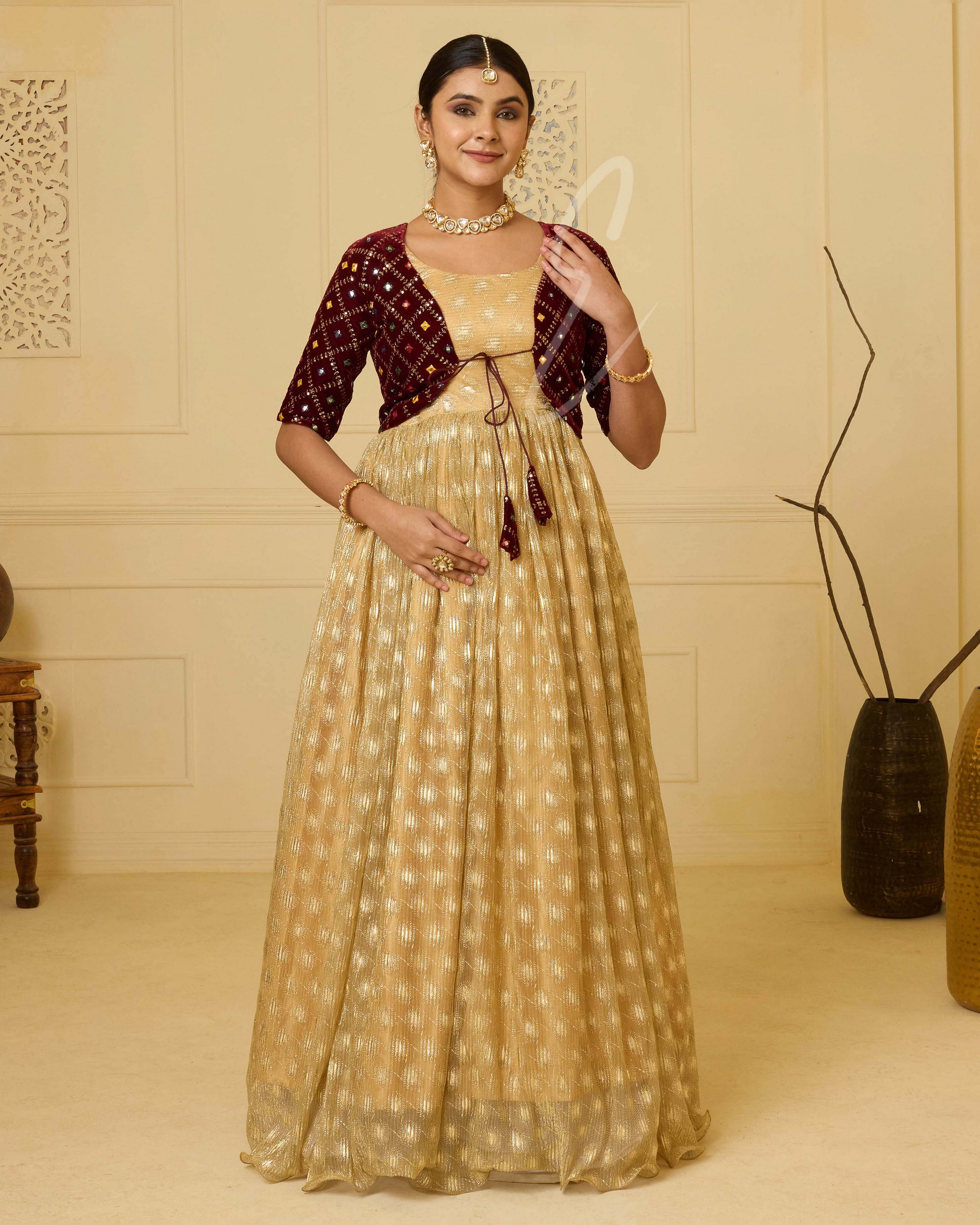 A golden shimmer georgette gown