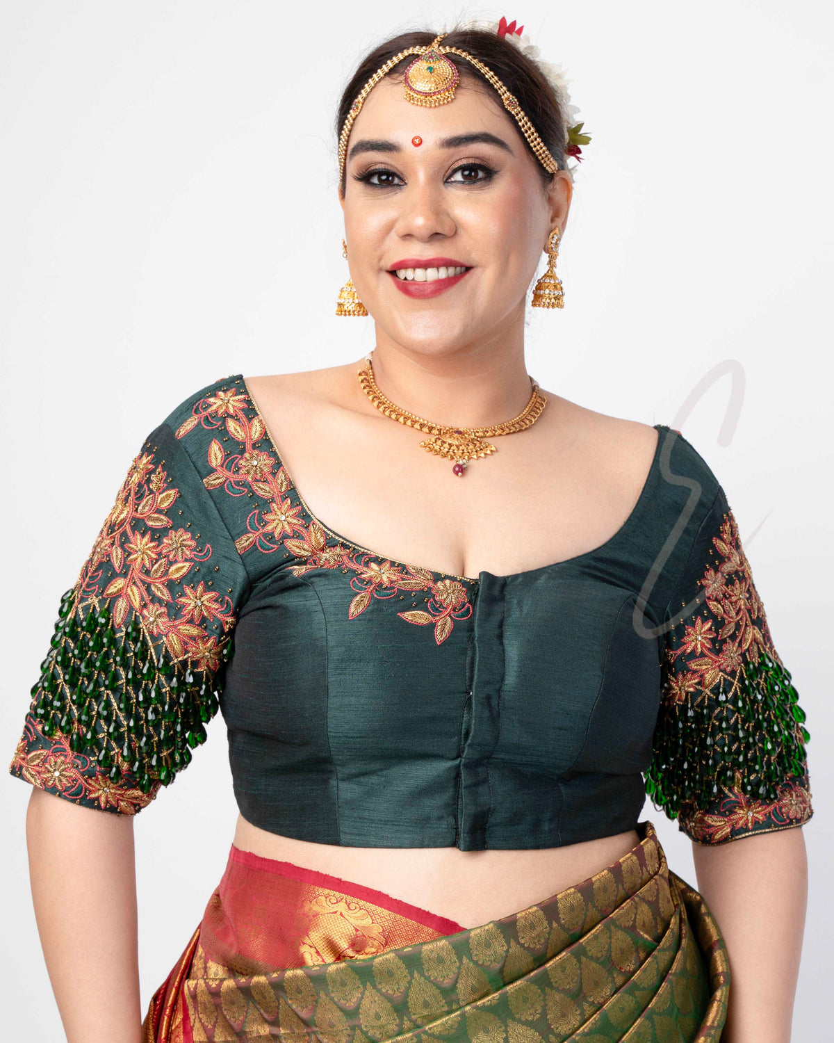 Dark Green Raw Silk Blouse