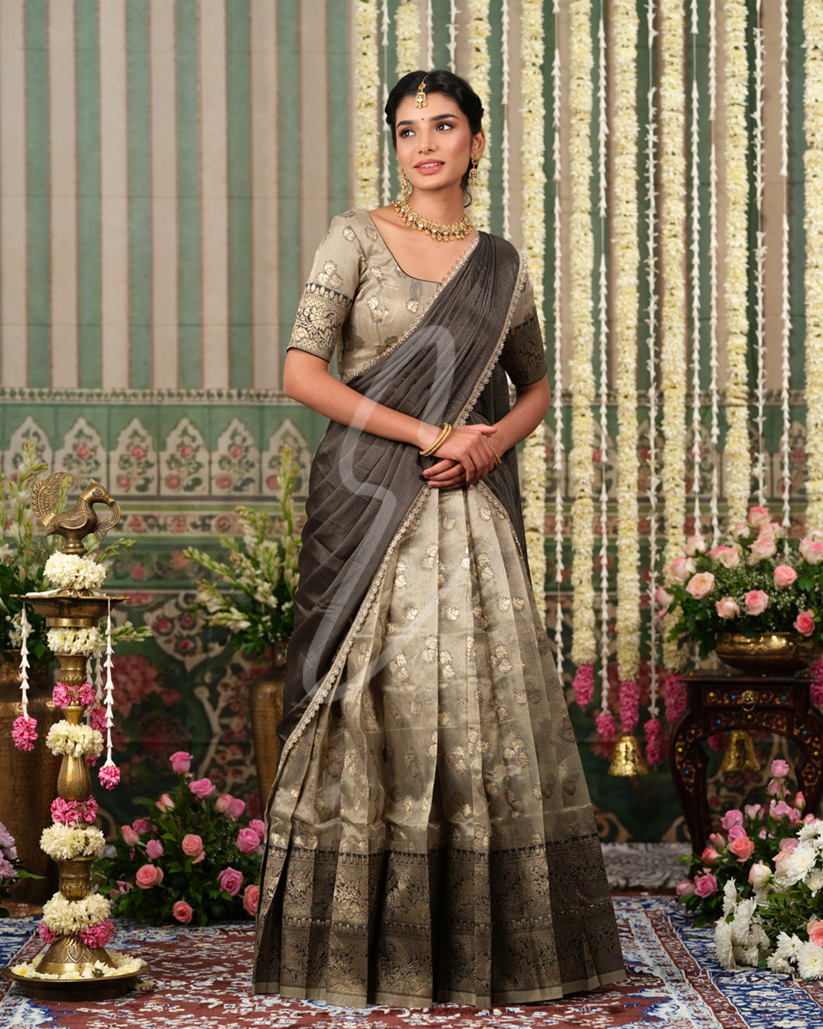 Luxurious golden and dark grey Tissue Banarasi outfit