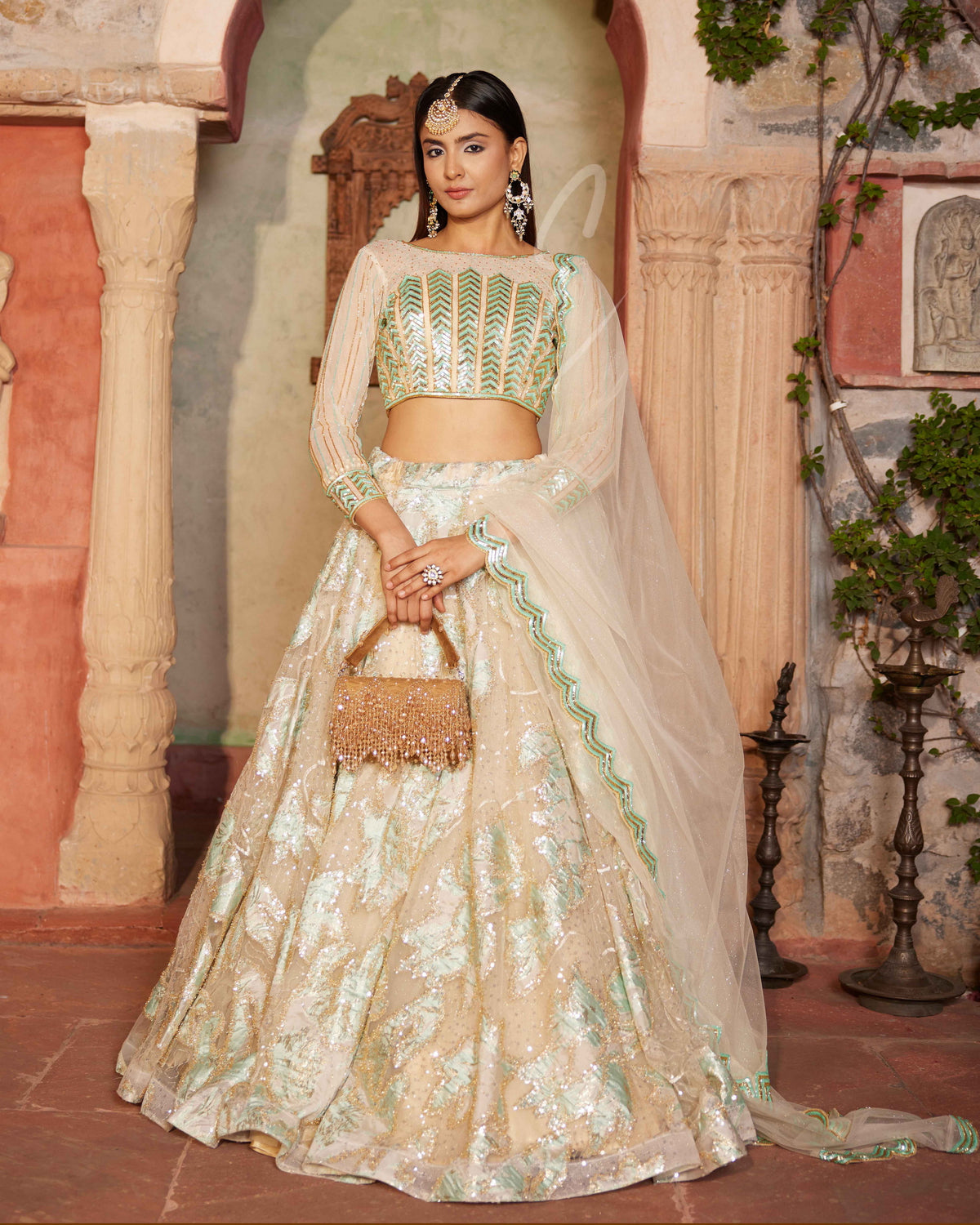 Cream & Sea-green Lehenga