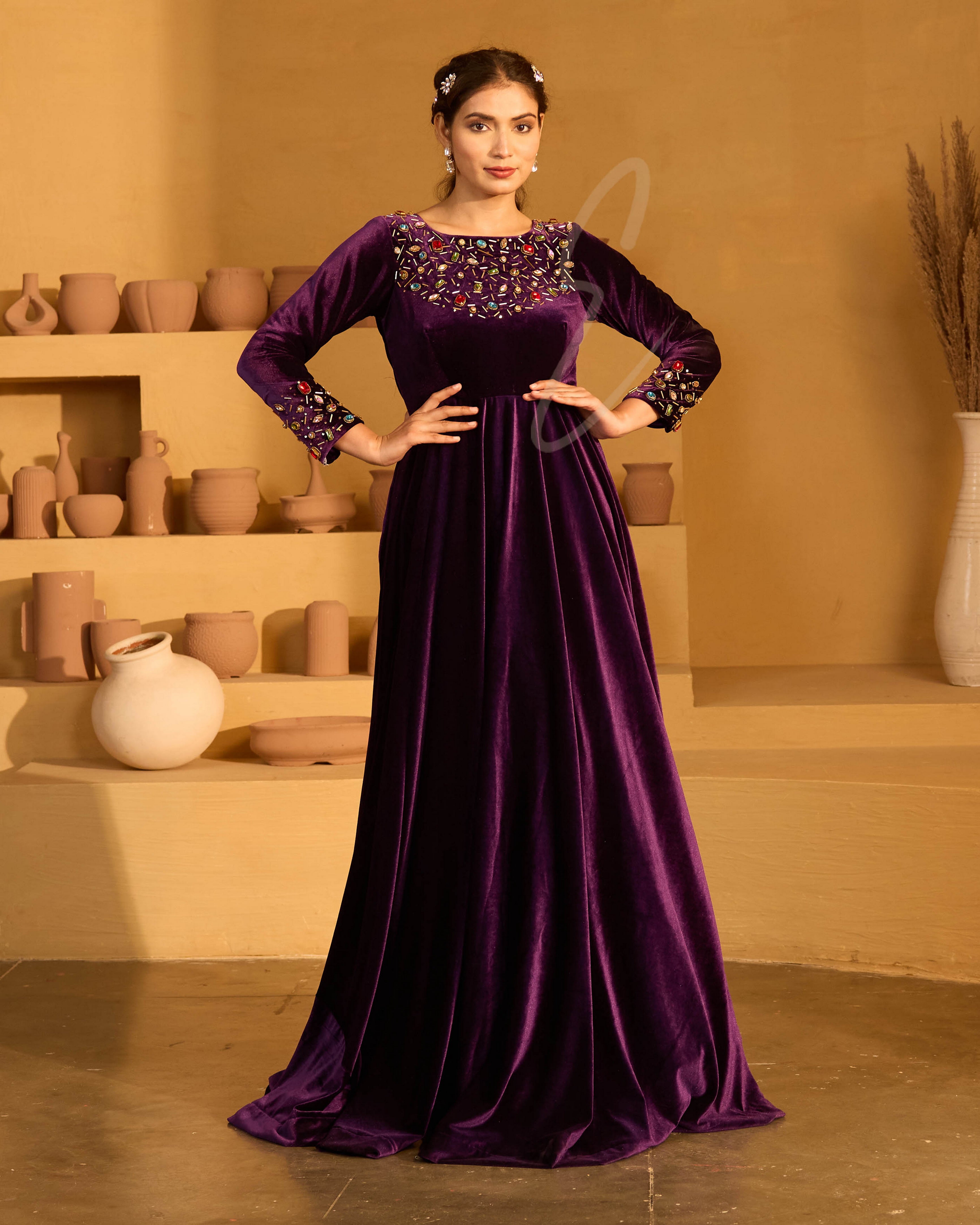 A deep violet velvet gown