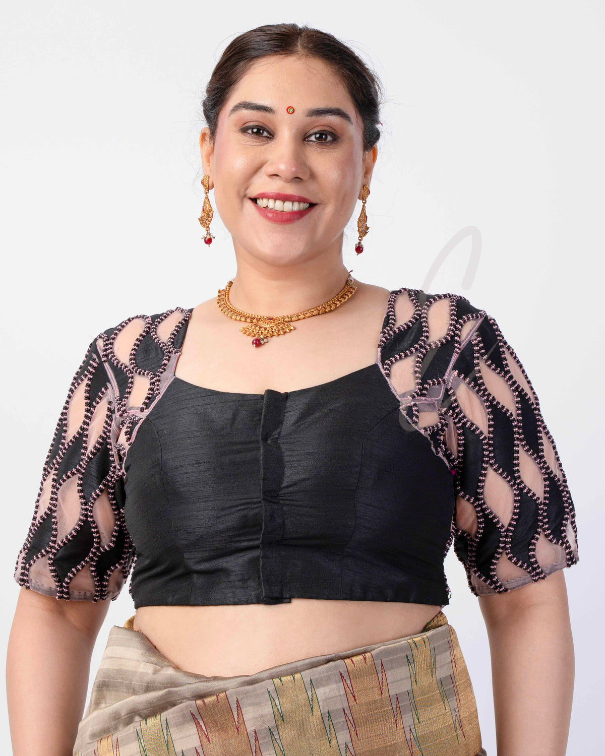 Black Raw Silk with Net Blouse