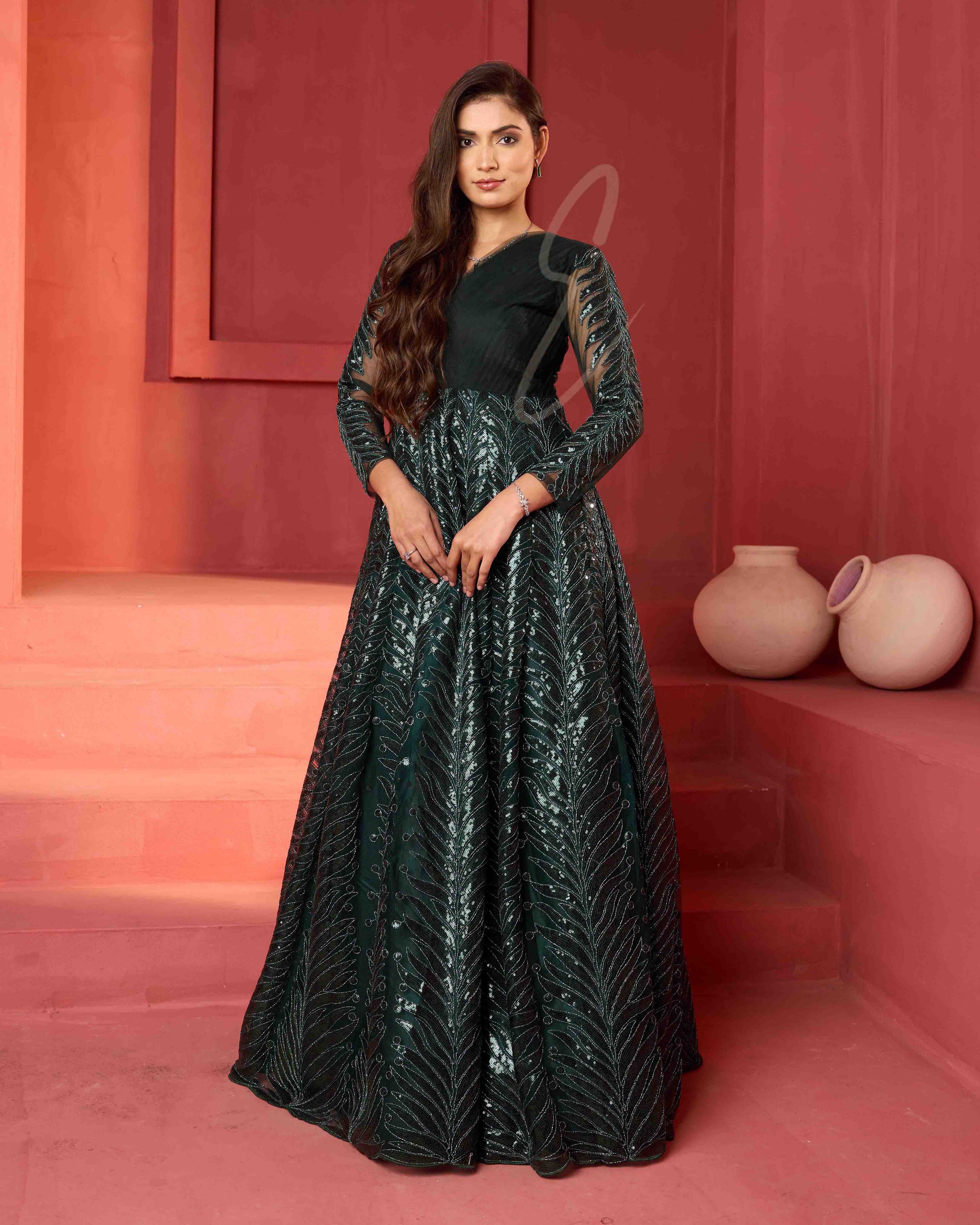 A dark green premium net gown