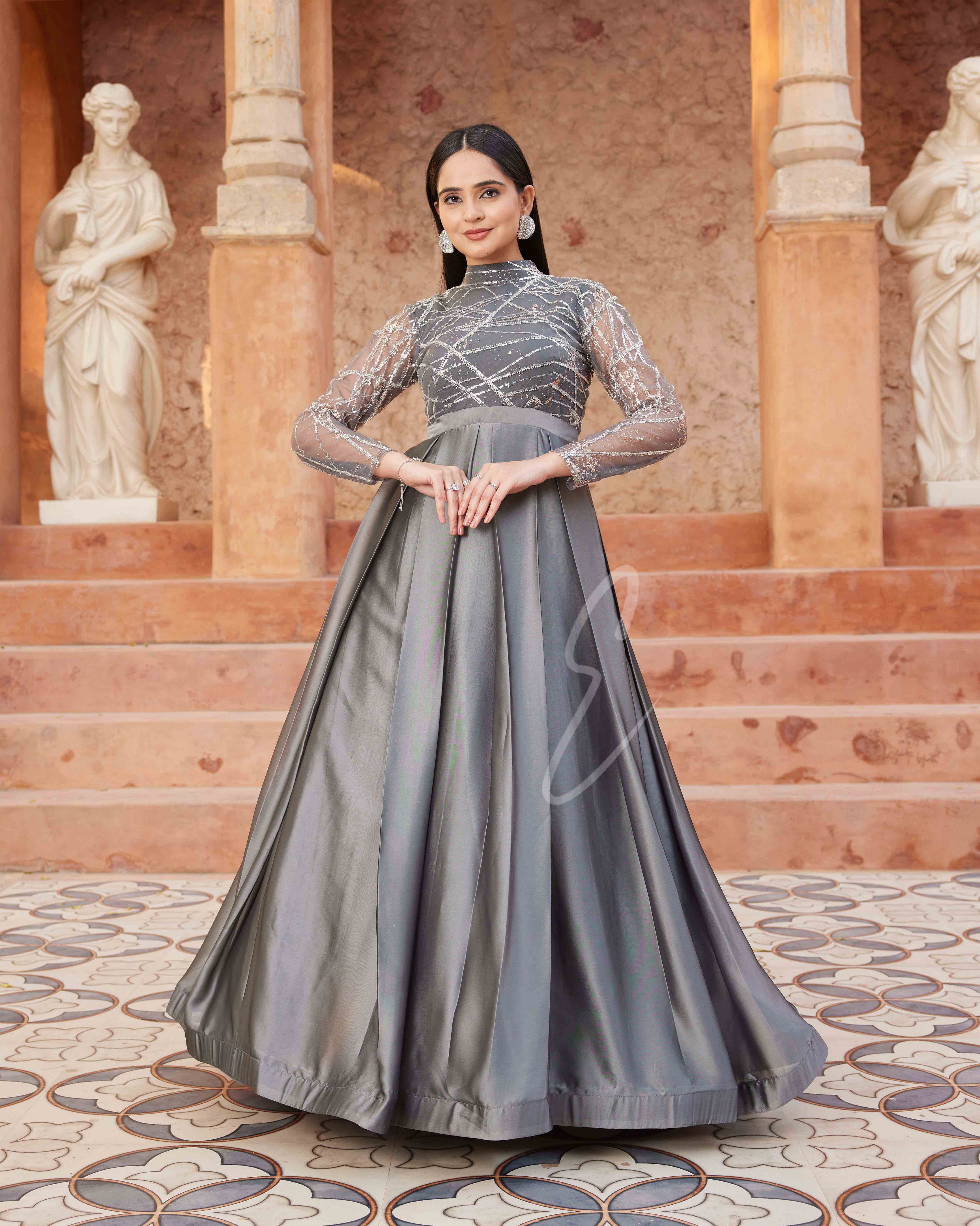 Grey Pleated Flared Gown