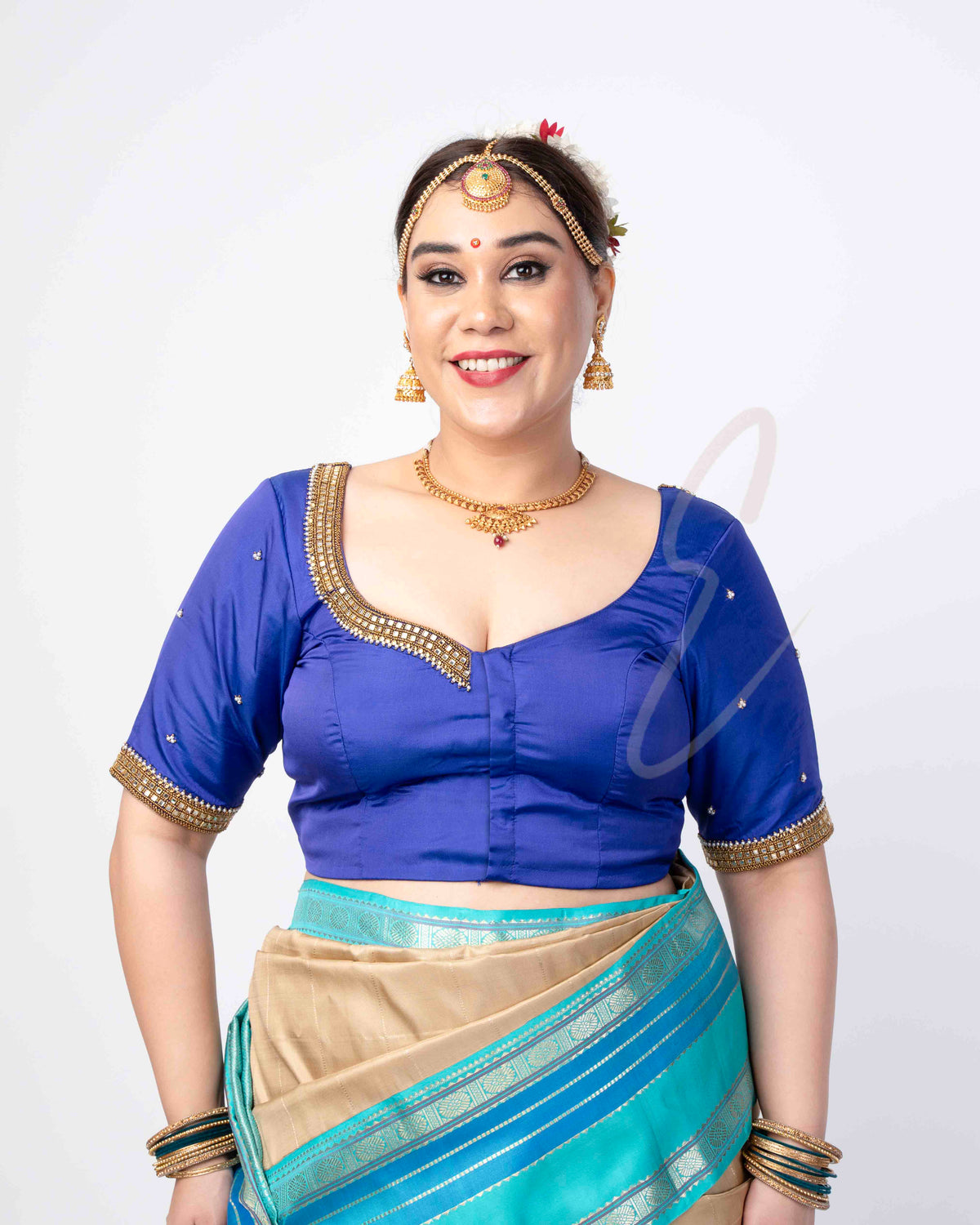 blue silk cotton blouse designed in a princess style