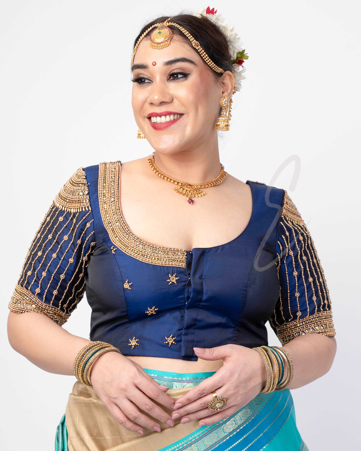 dark blue silk cotton blouse designed in a princess-cut style