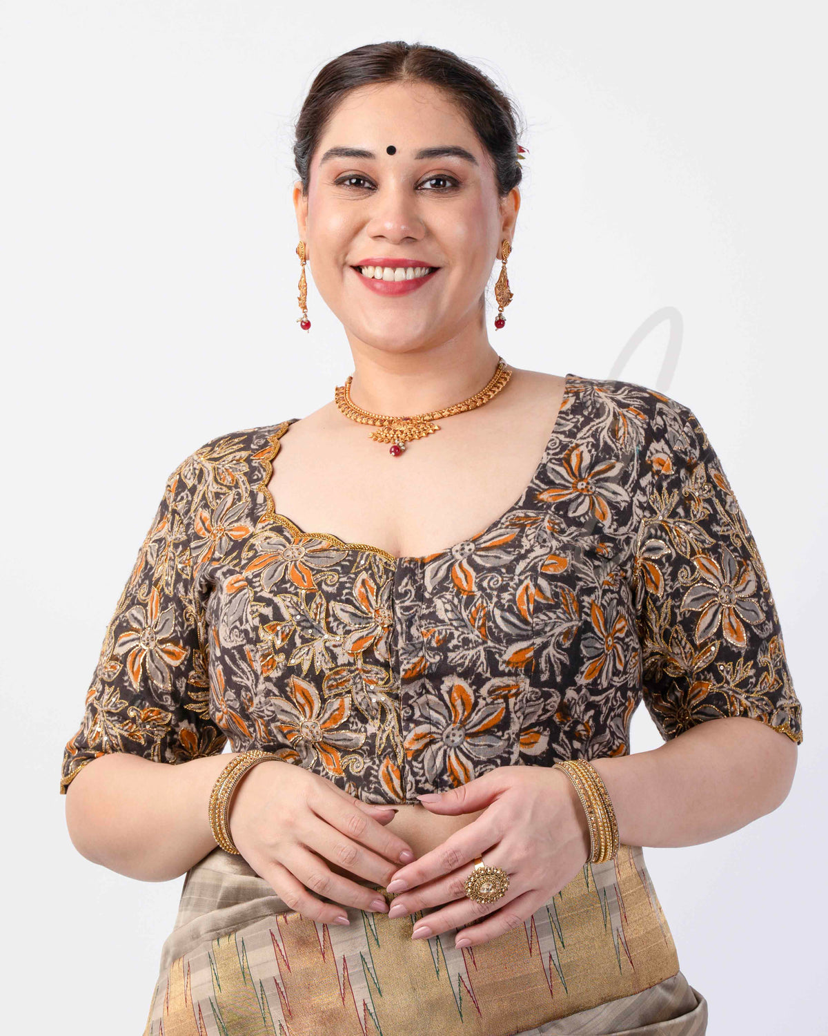 black block printed cotton blouse designed in a princess-cut style