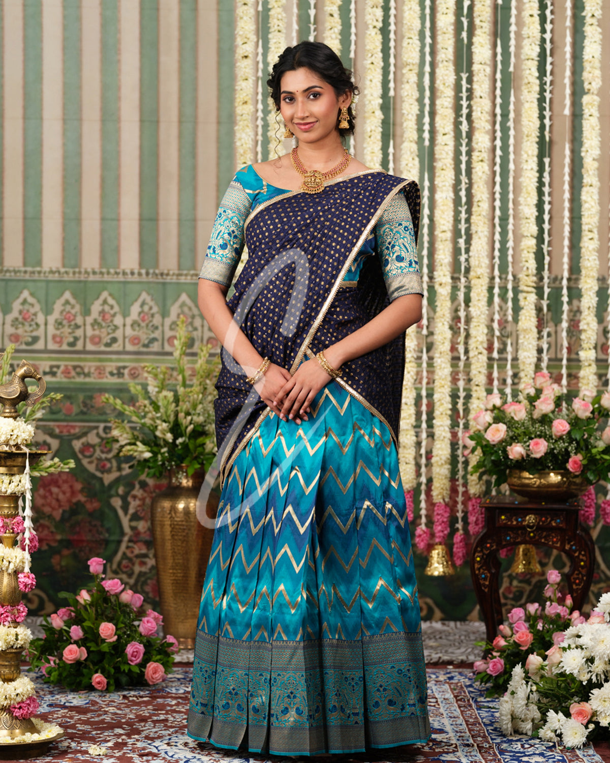 Luxurious Rama green and blue Banarasi silk outfit