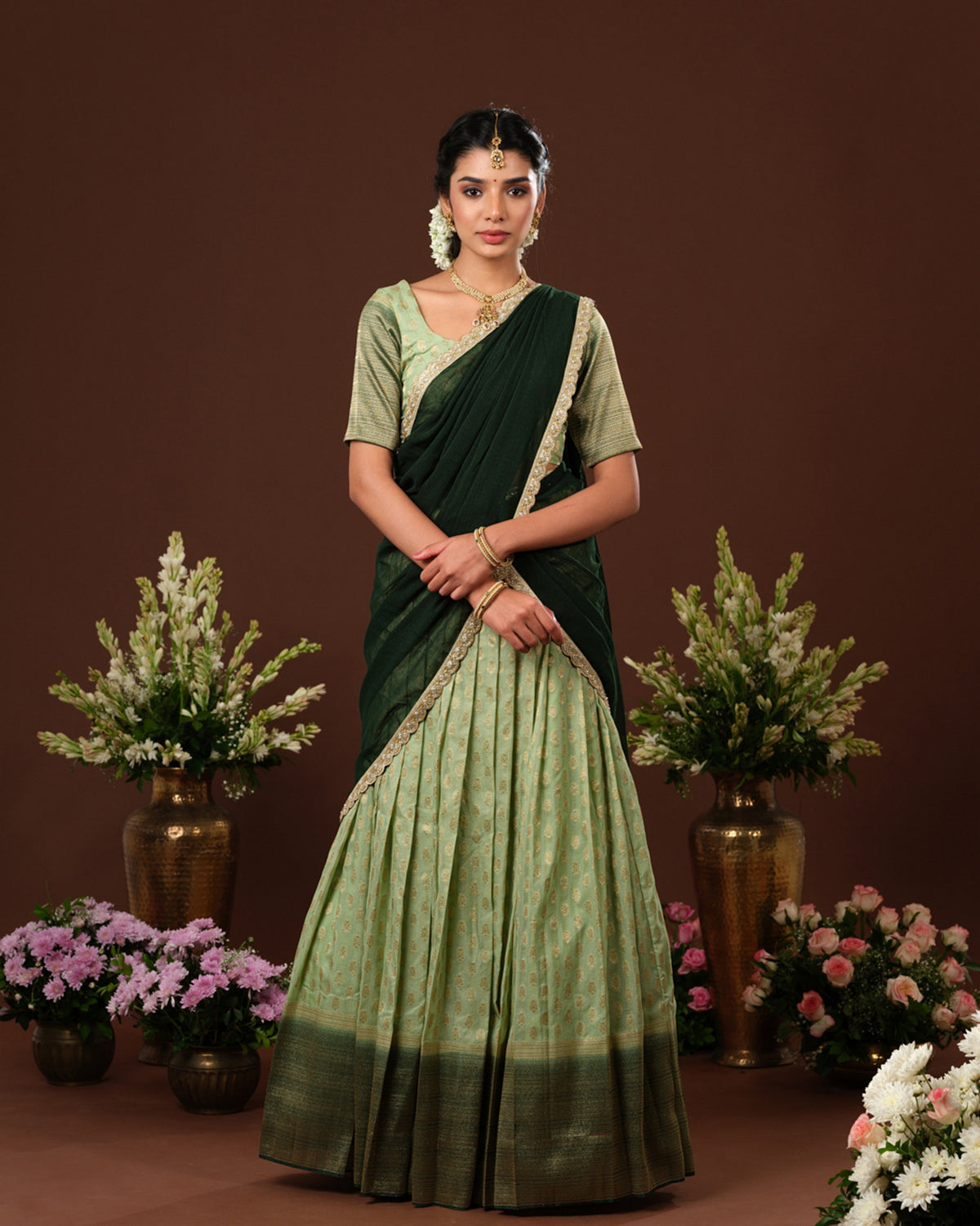 Refreshing mint green and dark green Banarasi Georgette outfit