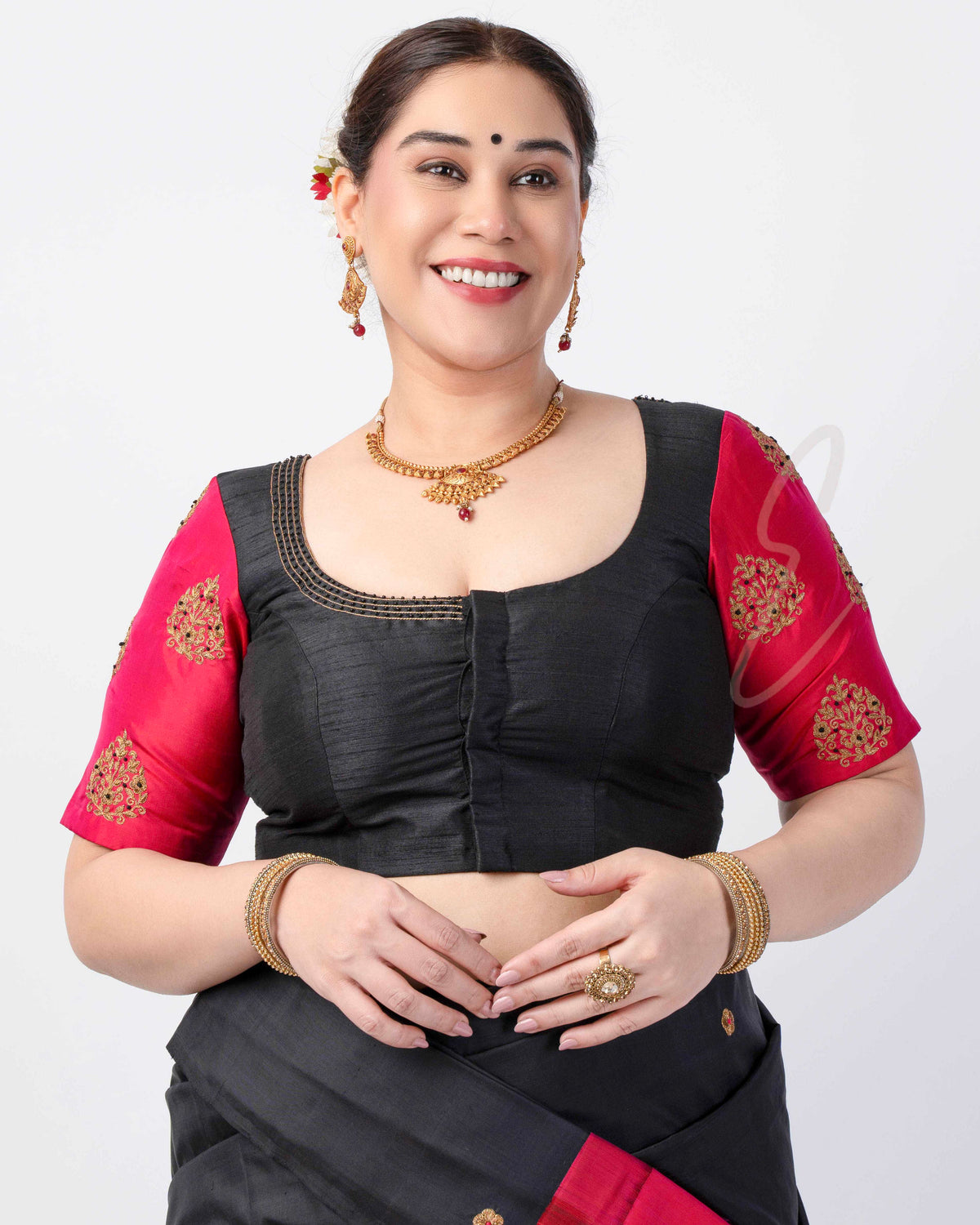 classic black and pink blouse crafted from raw silk