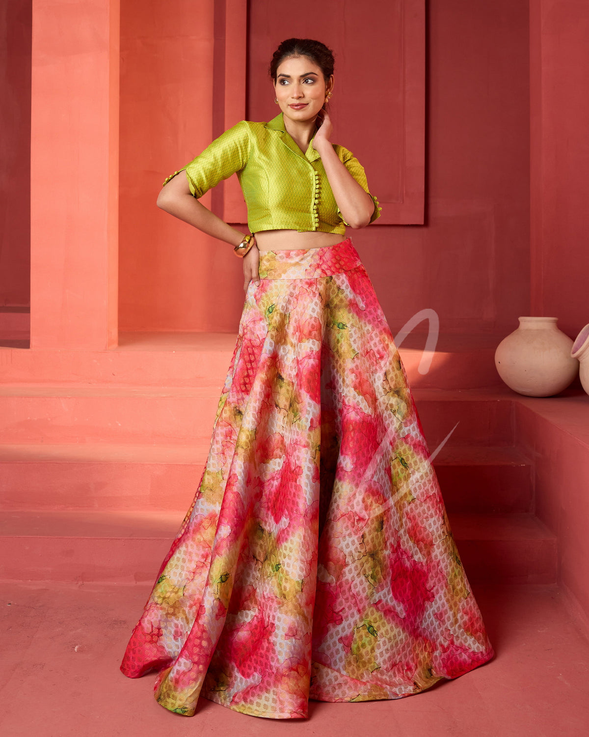 Banarasi-style flared lehenga with lime green silk blouse