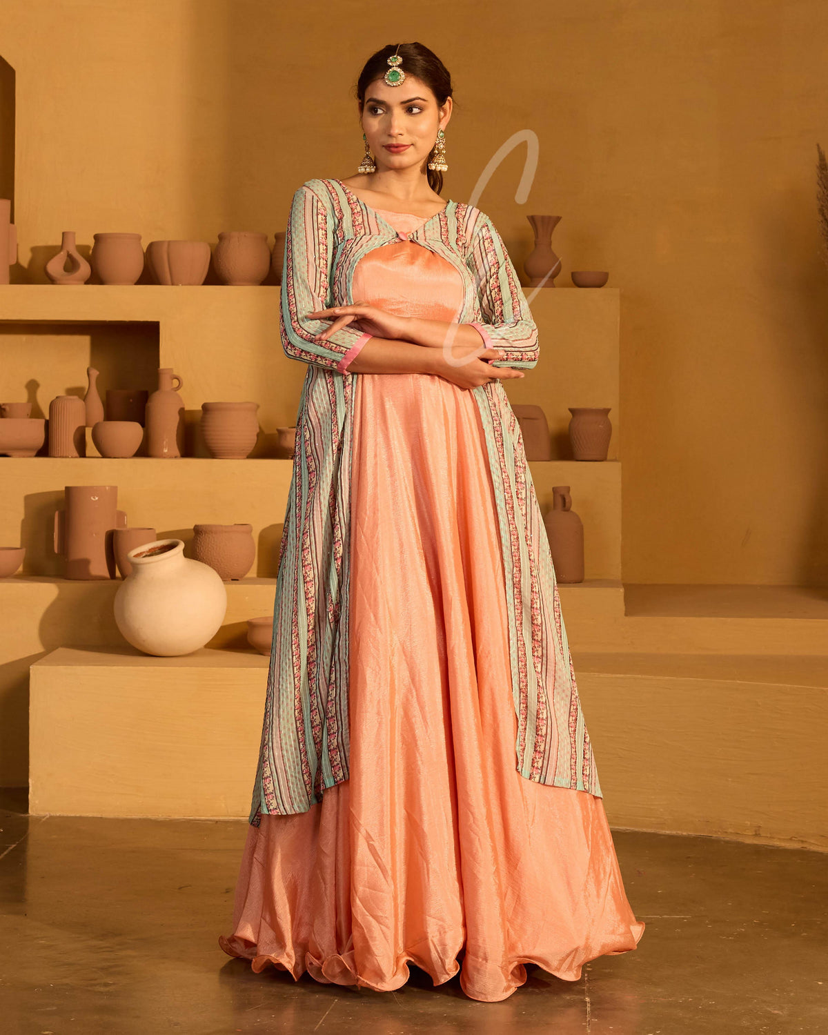 A peach chinnon silk gown-EG0029