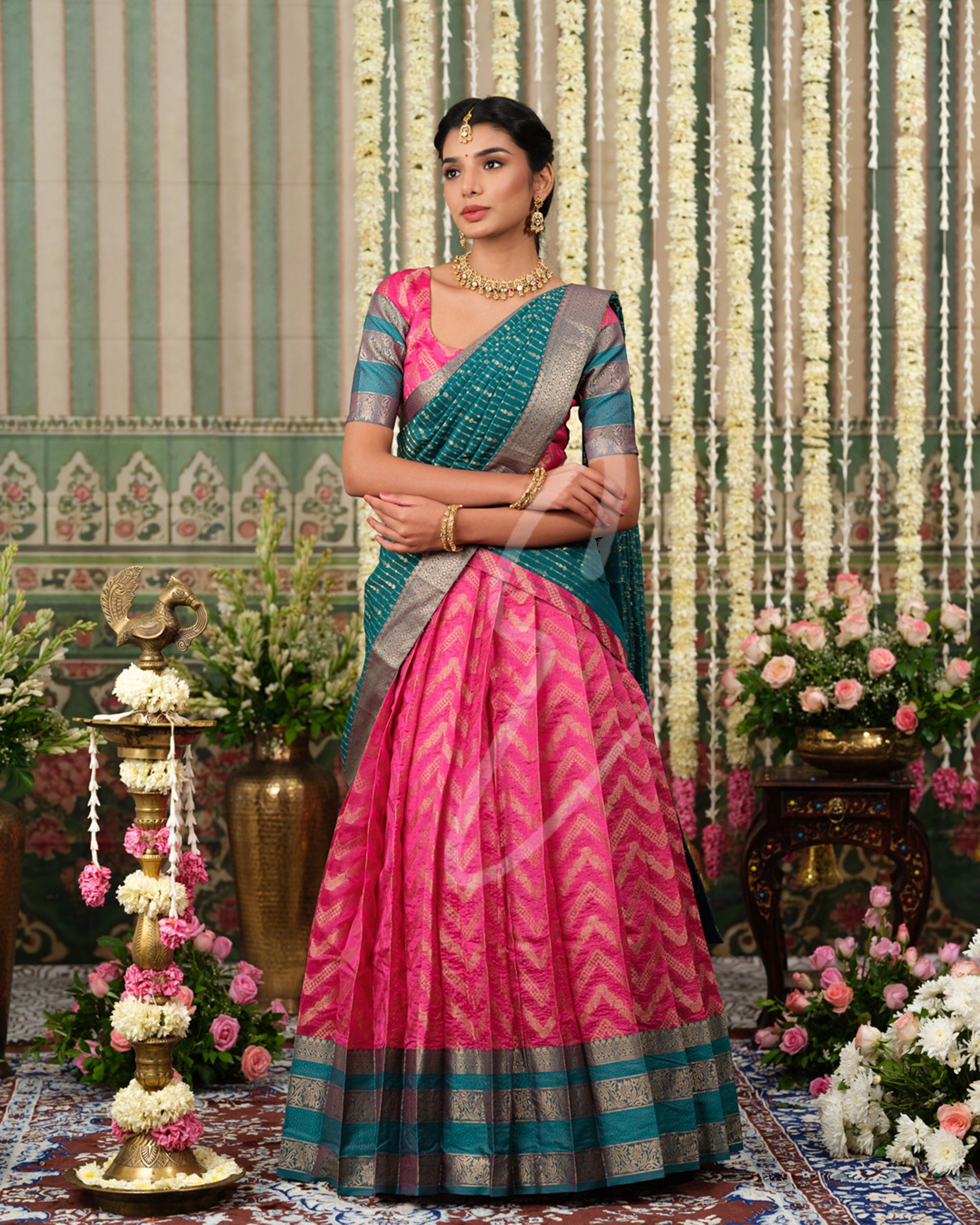A beautiful pink and rama green silk cotton outfit that looks rich and elegant