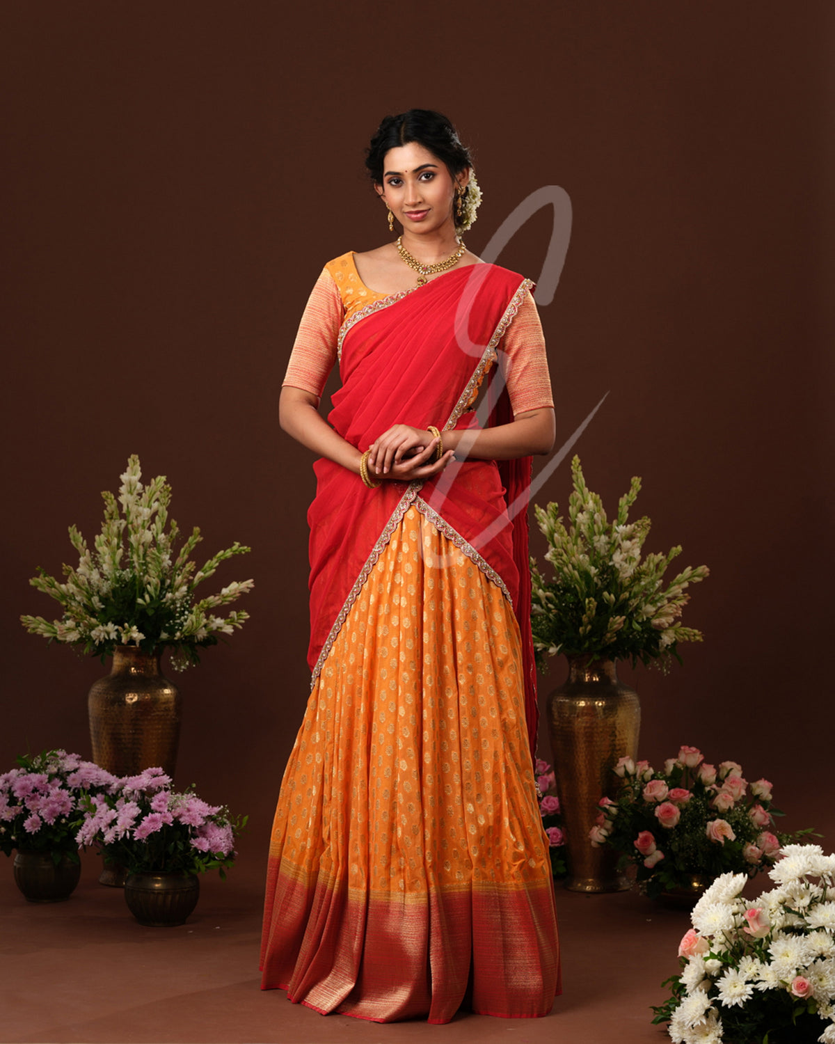 Vibrant orange and red Banarasi Georgette outfit