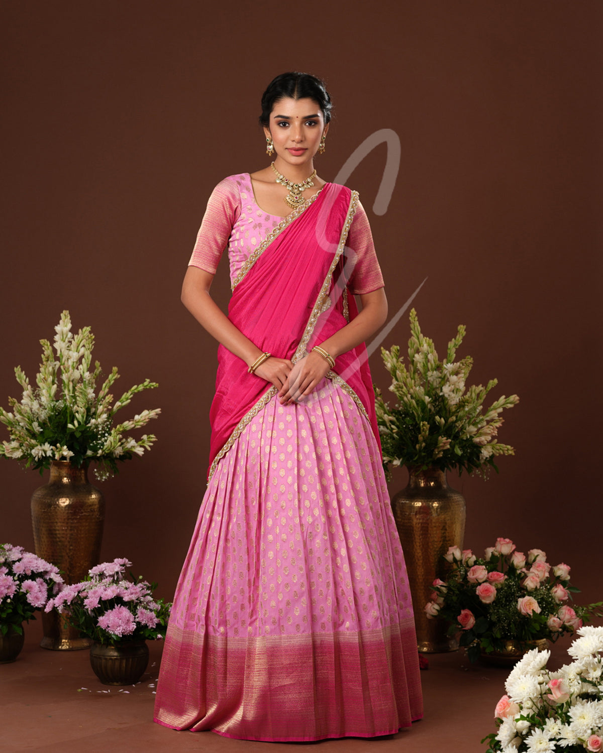 Soft and elegant light pink and dark pink Banarasi Georgette outfit