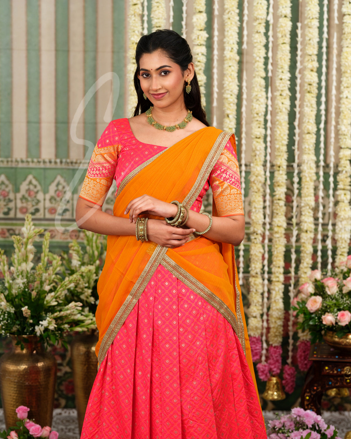 Beautifully woven Gajri pink Banarasi silk half saree