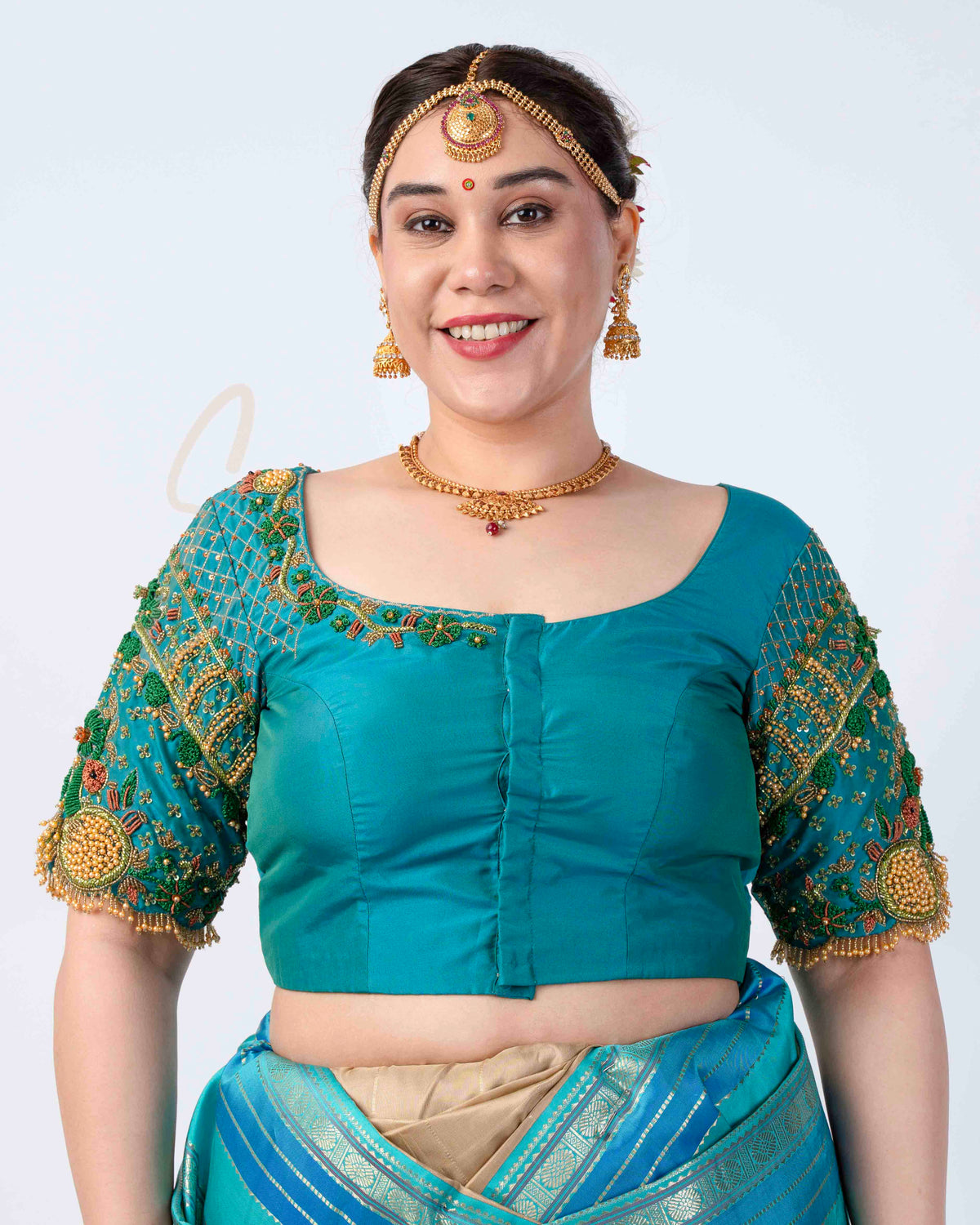 Rama Blue Silk Cotton with Net Blouse