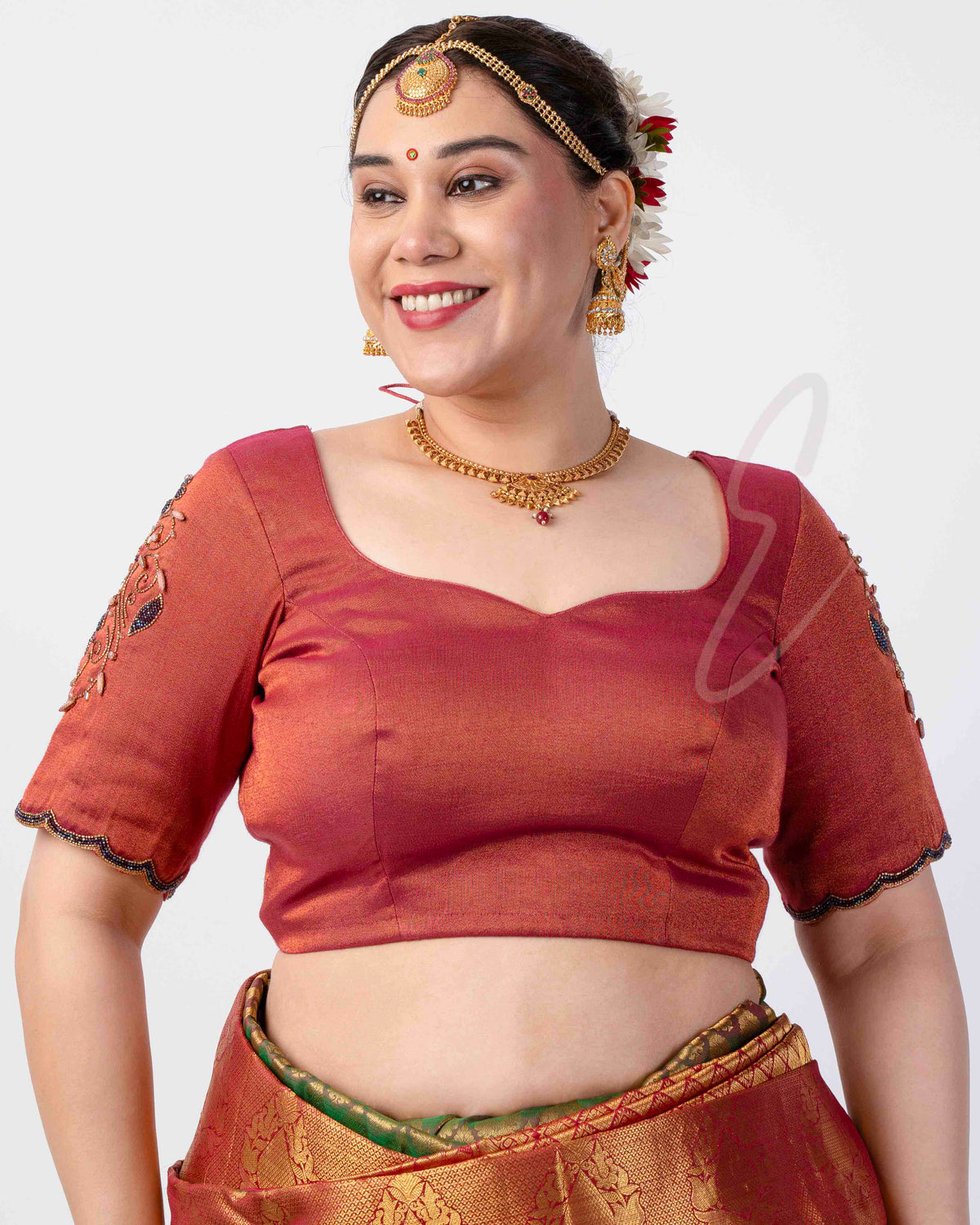 magenta tissue silk blouse designed in a princess-cut style