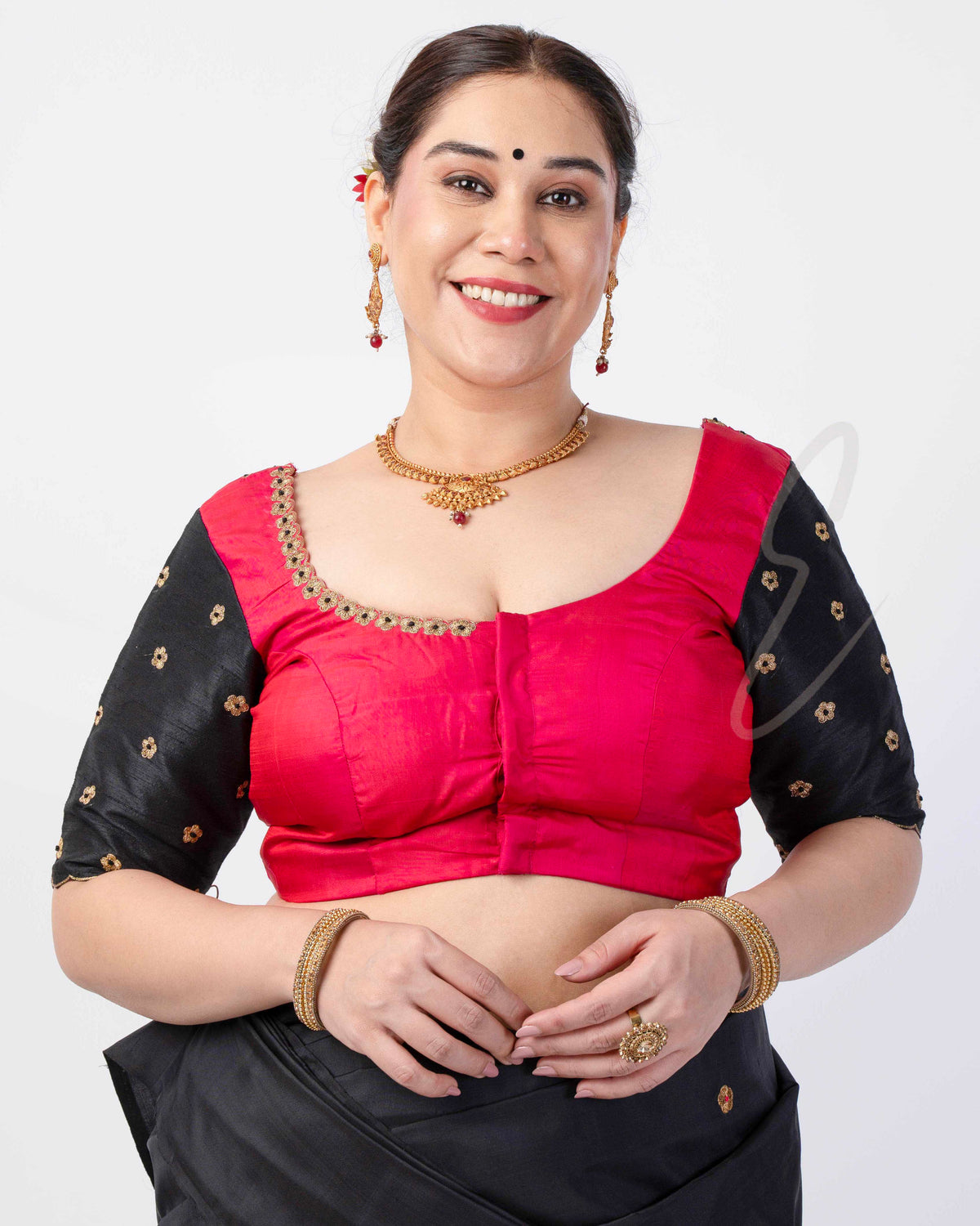 A pink and black raw silk blouse designed in a princess-cut style EB0002
