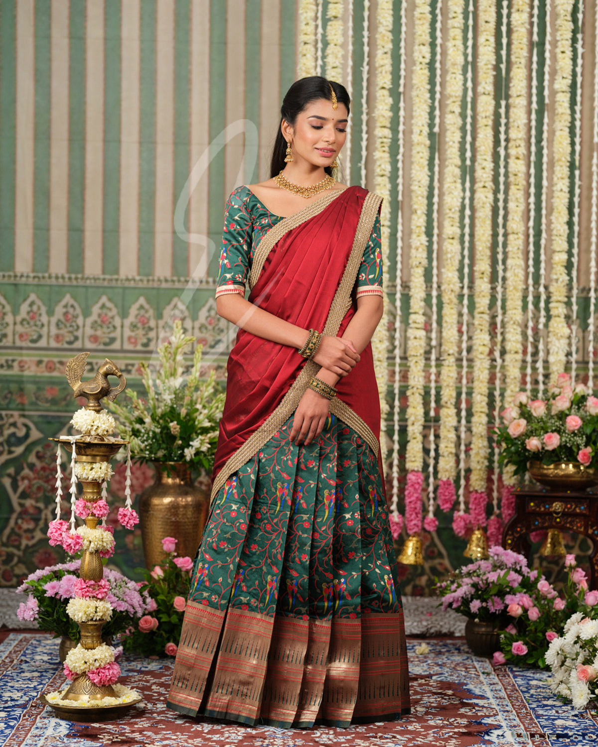 Rich dark green Banarasi silk half saree with intricate maroon jari