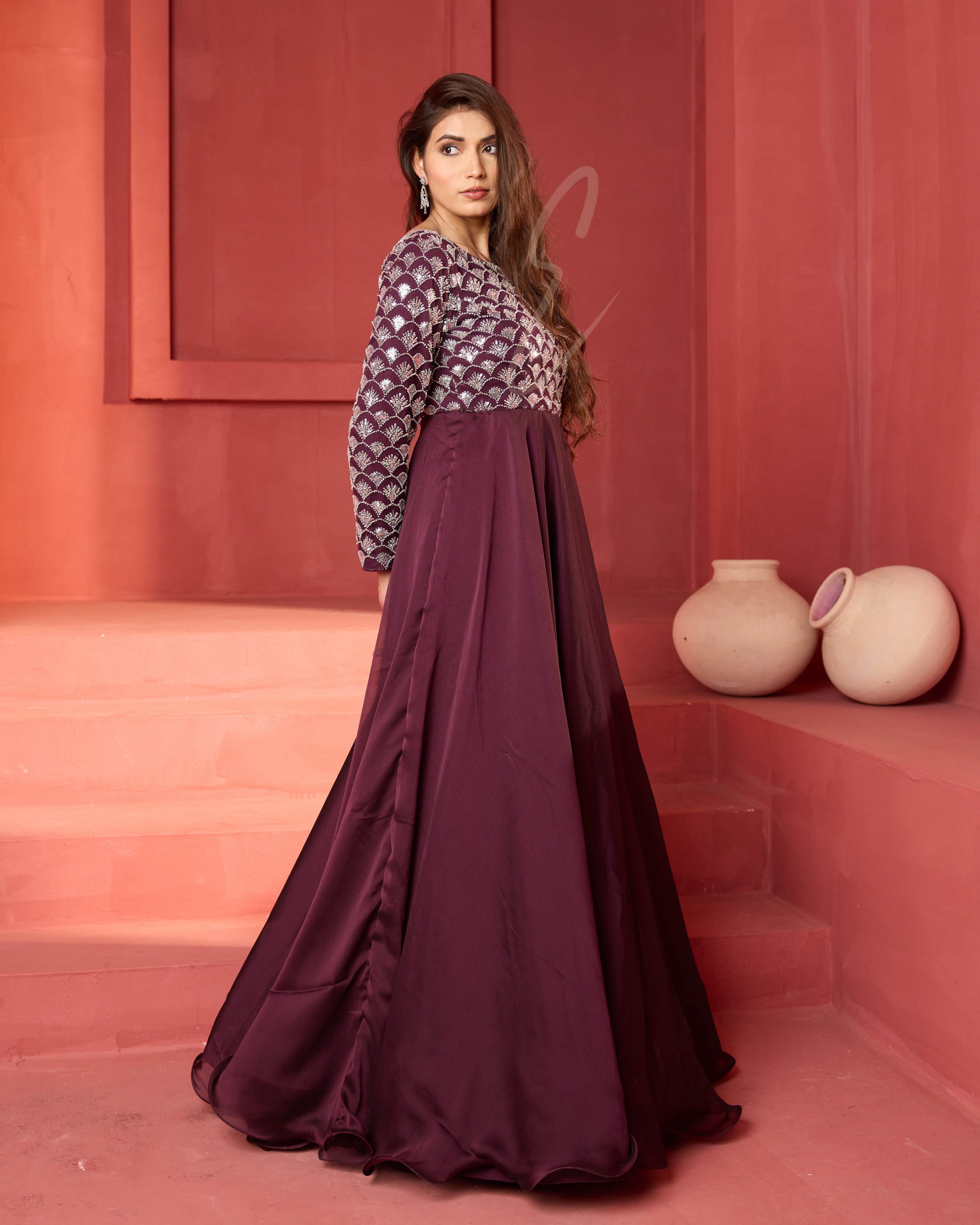 A wine-coloured georgette silk gown