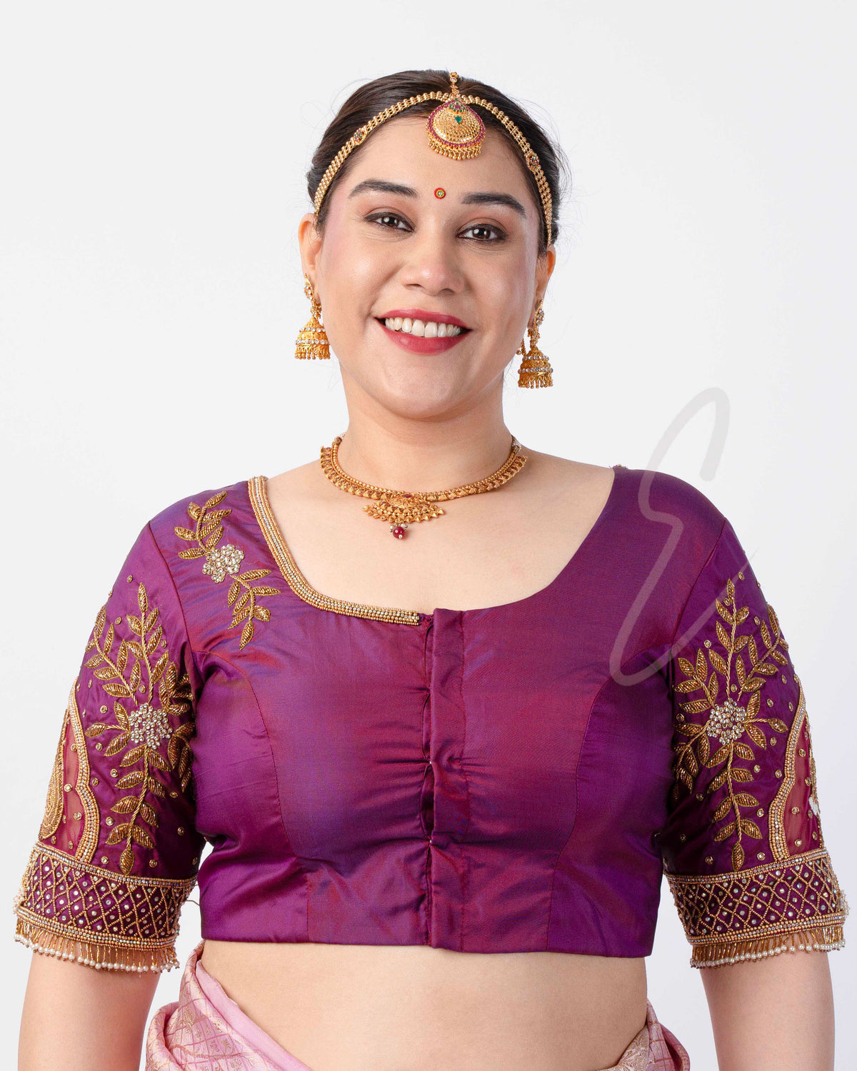 Deep Purple Silk Cotton with Net Blouse