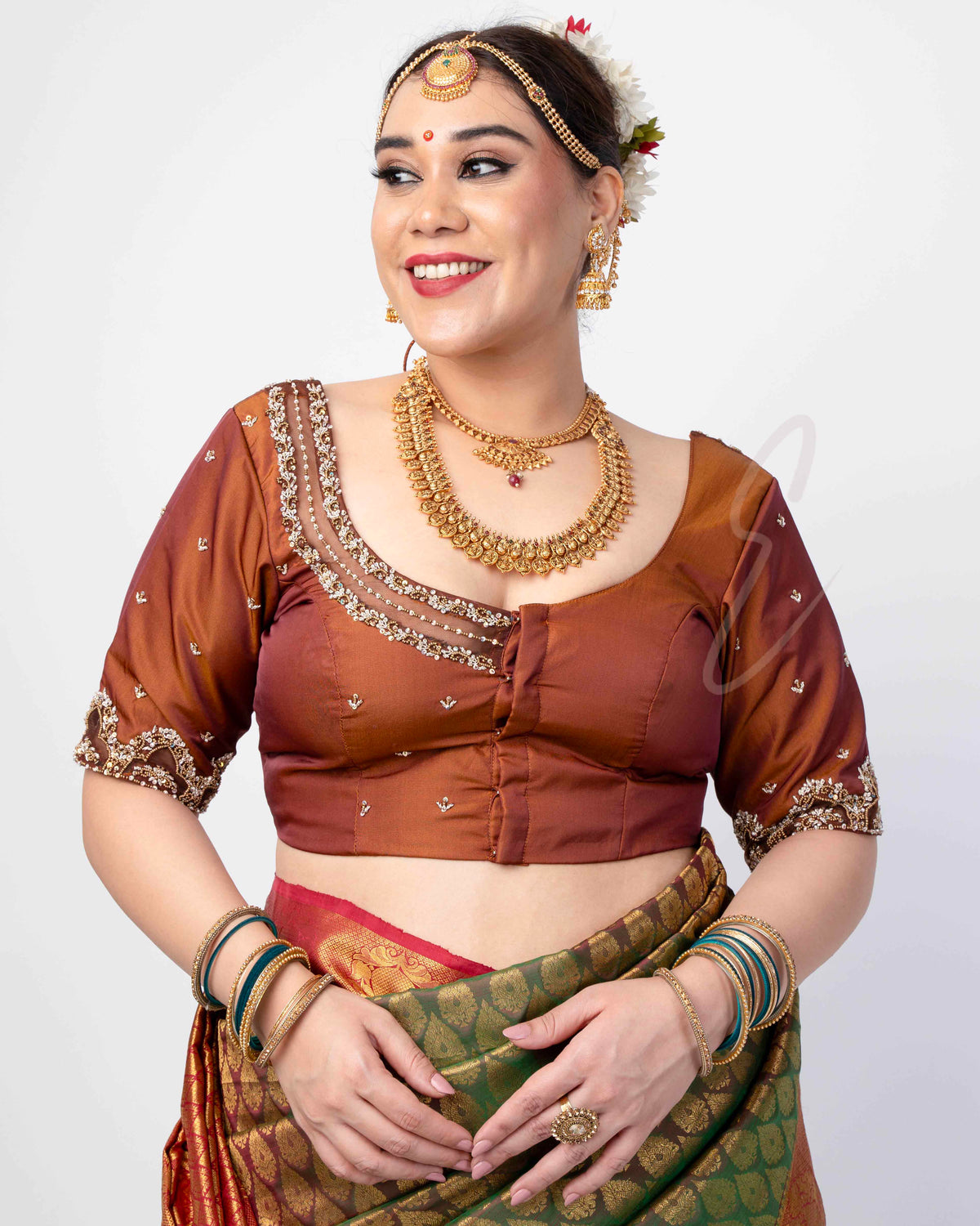 A brown silk cotton with net blouse
