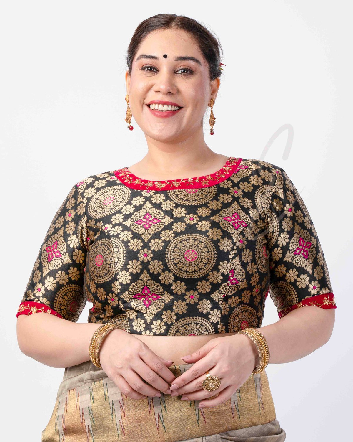 black Banarasi silk blouse crafted with raw silk and velvet