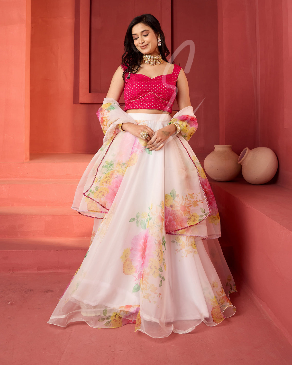 white lehenga floral printed finish