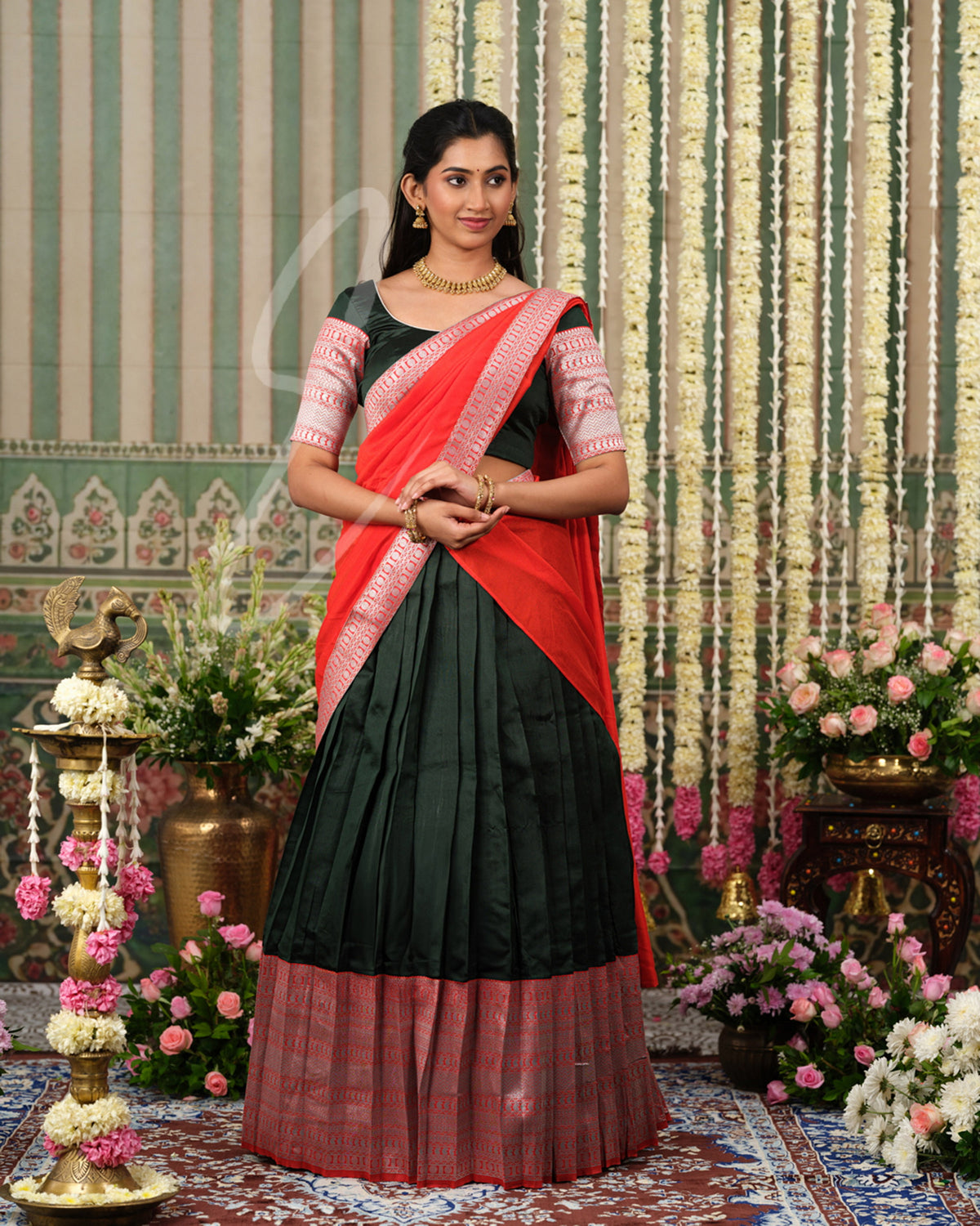Dark green Banarasi silk Half Saree with intricate orange jari work