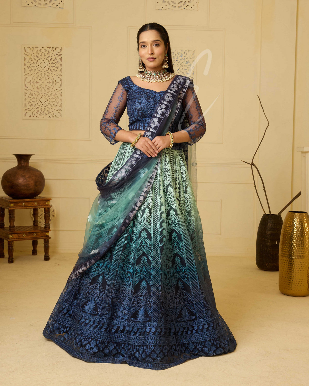  teal and dark blue lehenga