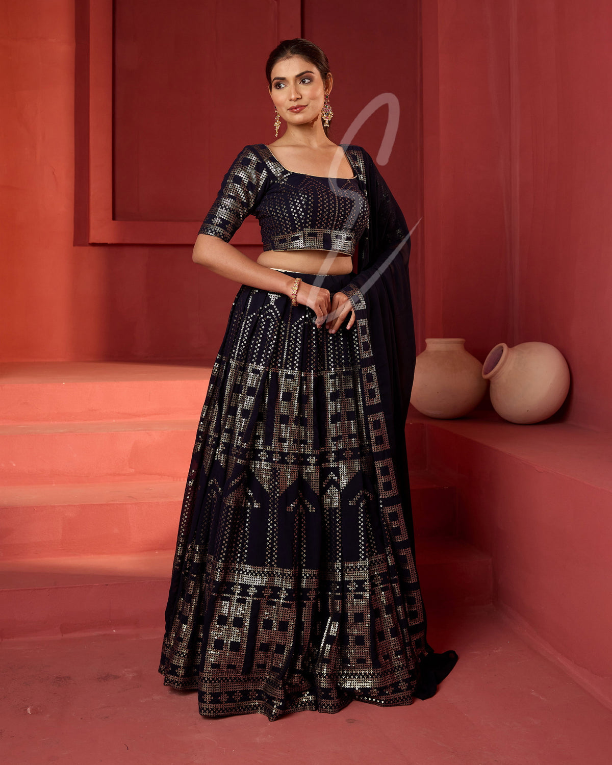 A dark blue lehenga