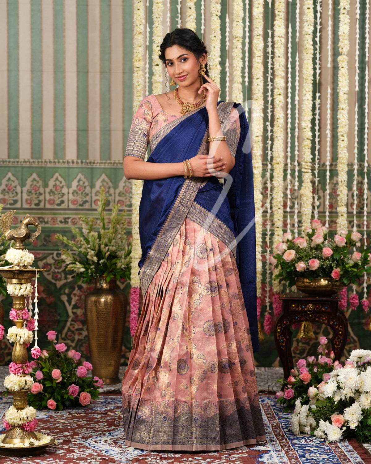 Delicate and stunning powder pink and dark blue Tissue Banarasi