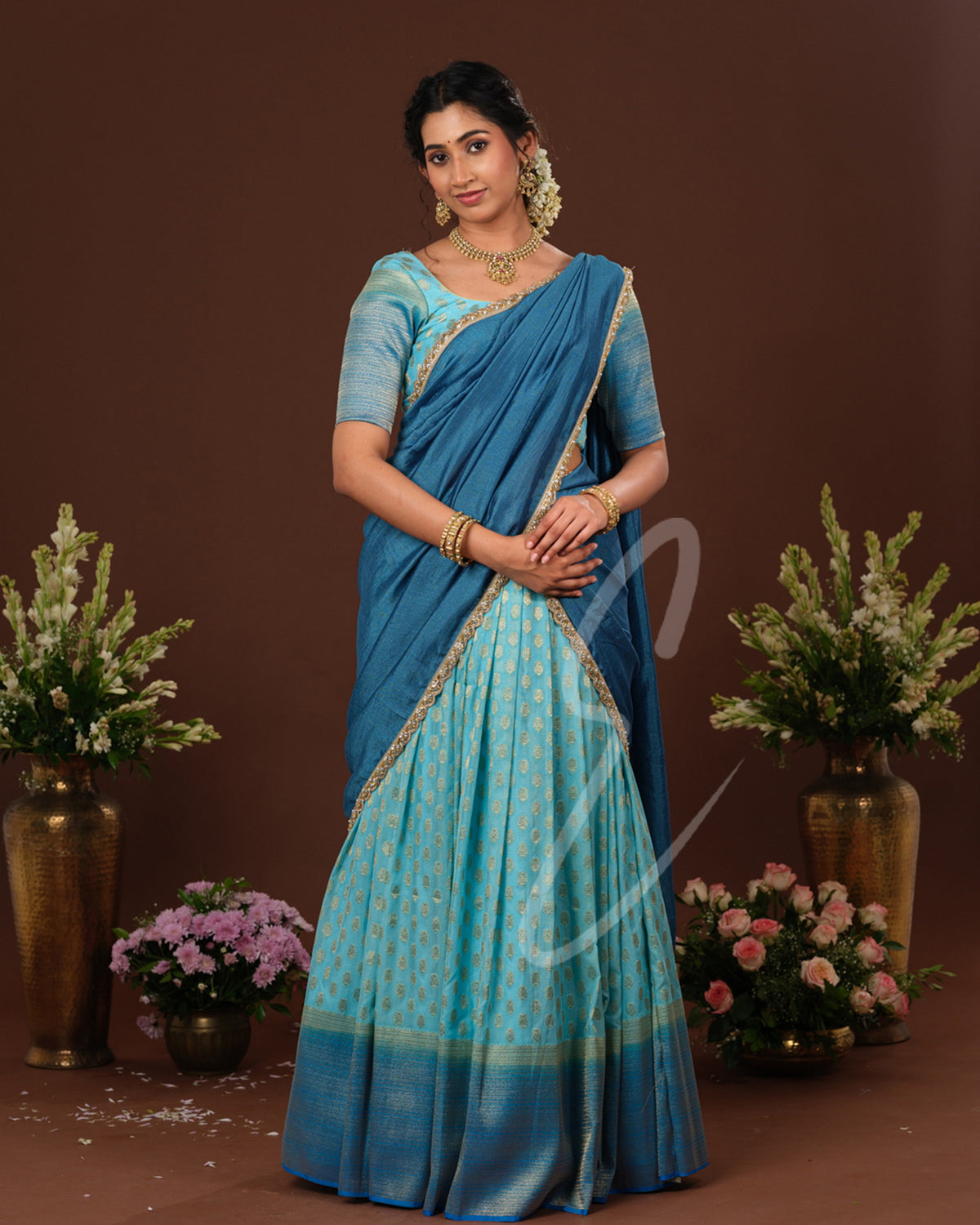 Stunning sea blue and rama blue Banarasi Georgette
