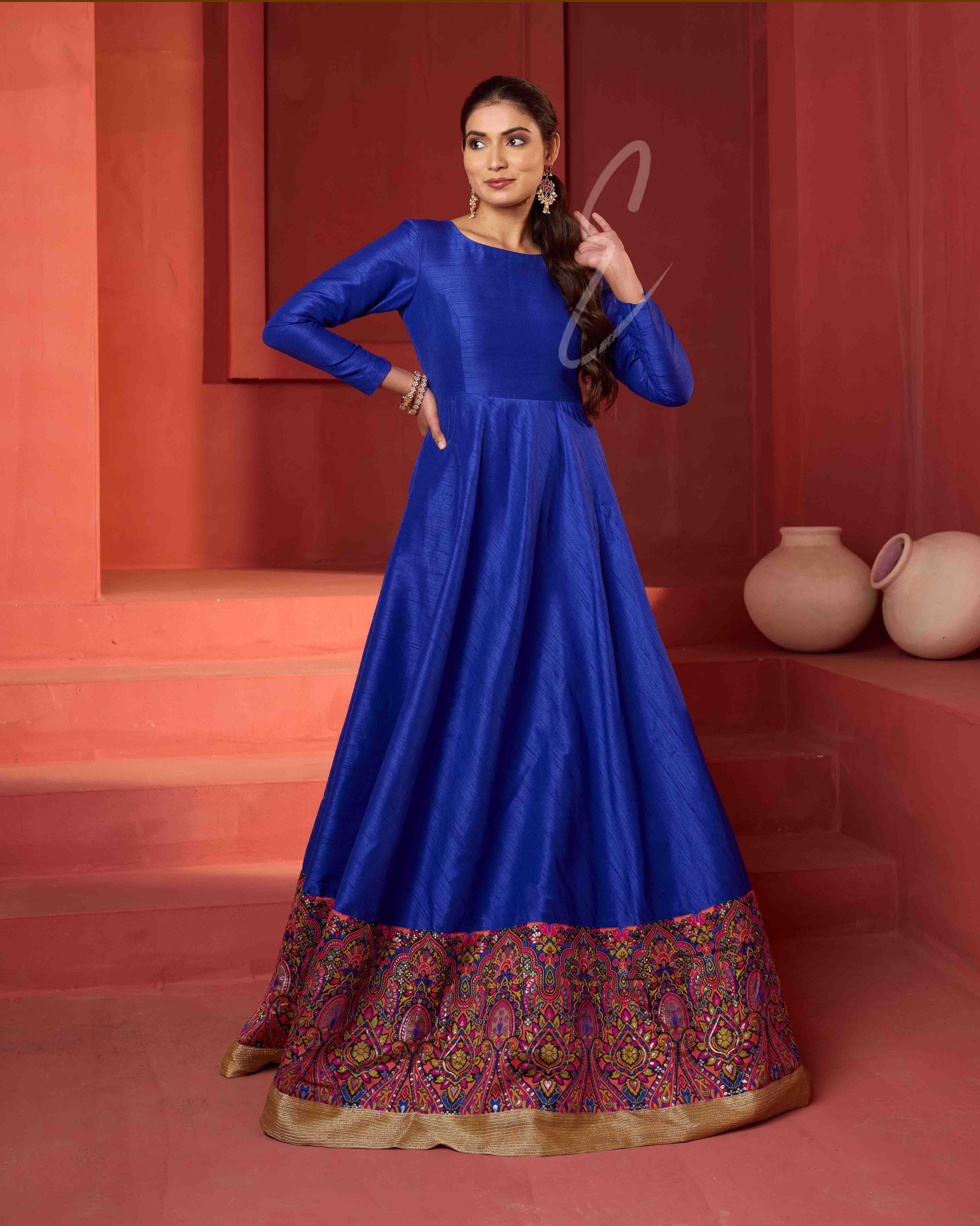 A dark blue raw silk gown