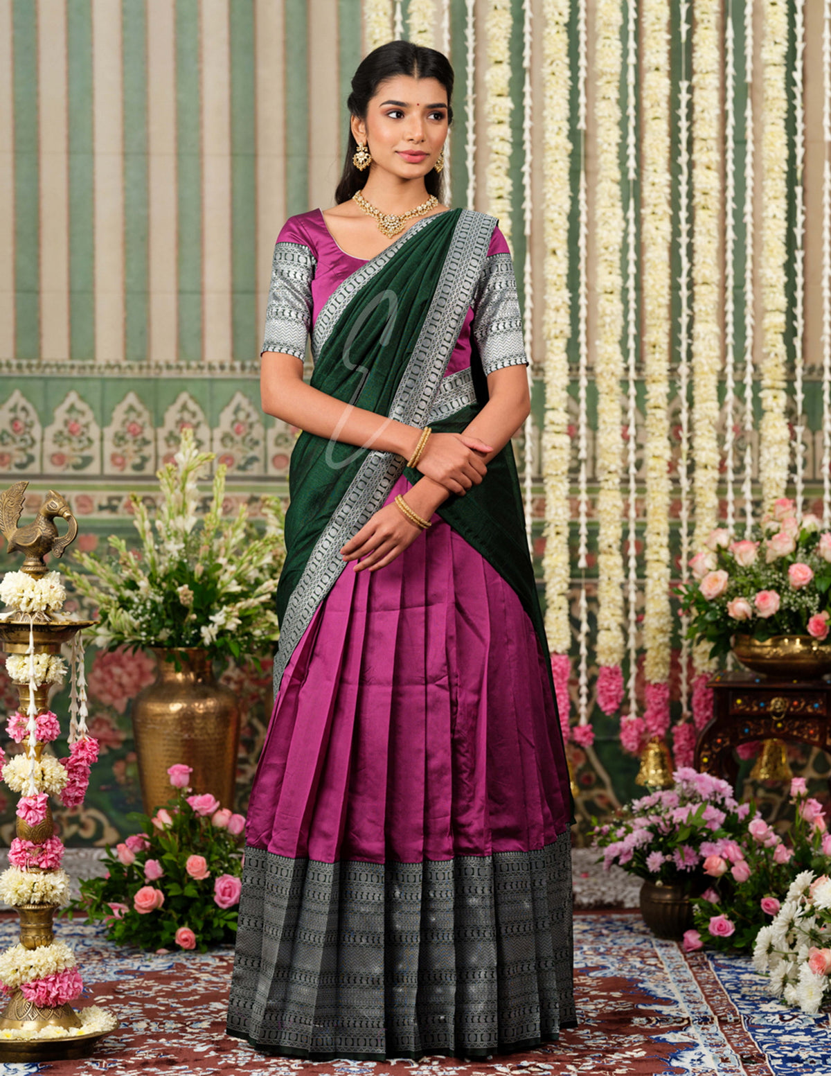Wine-colored Banarasi silk Half Saree with dark green and silver jari work