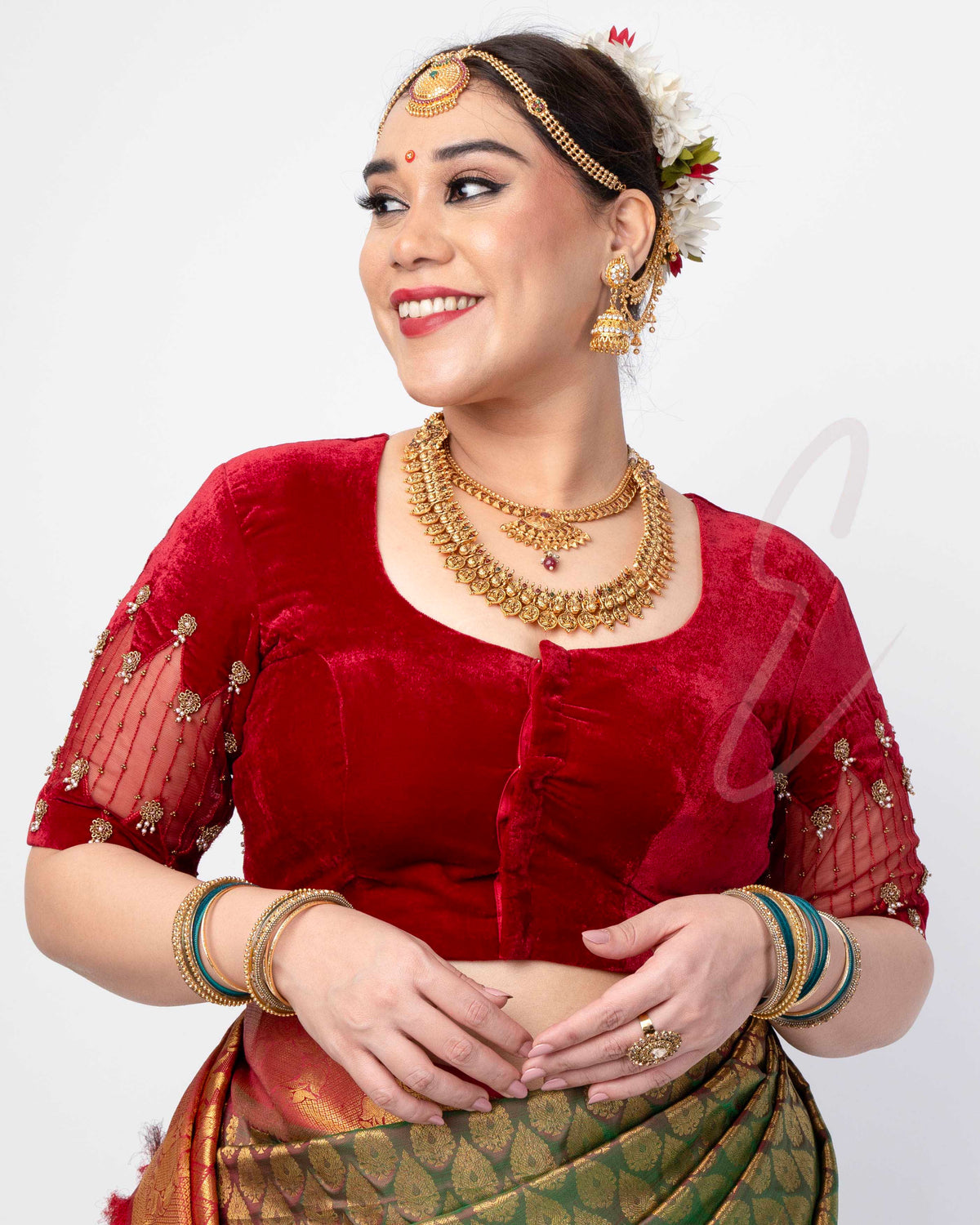 A maroon blouse