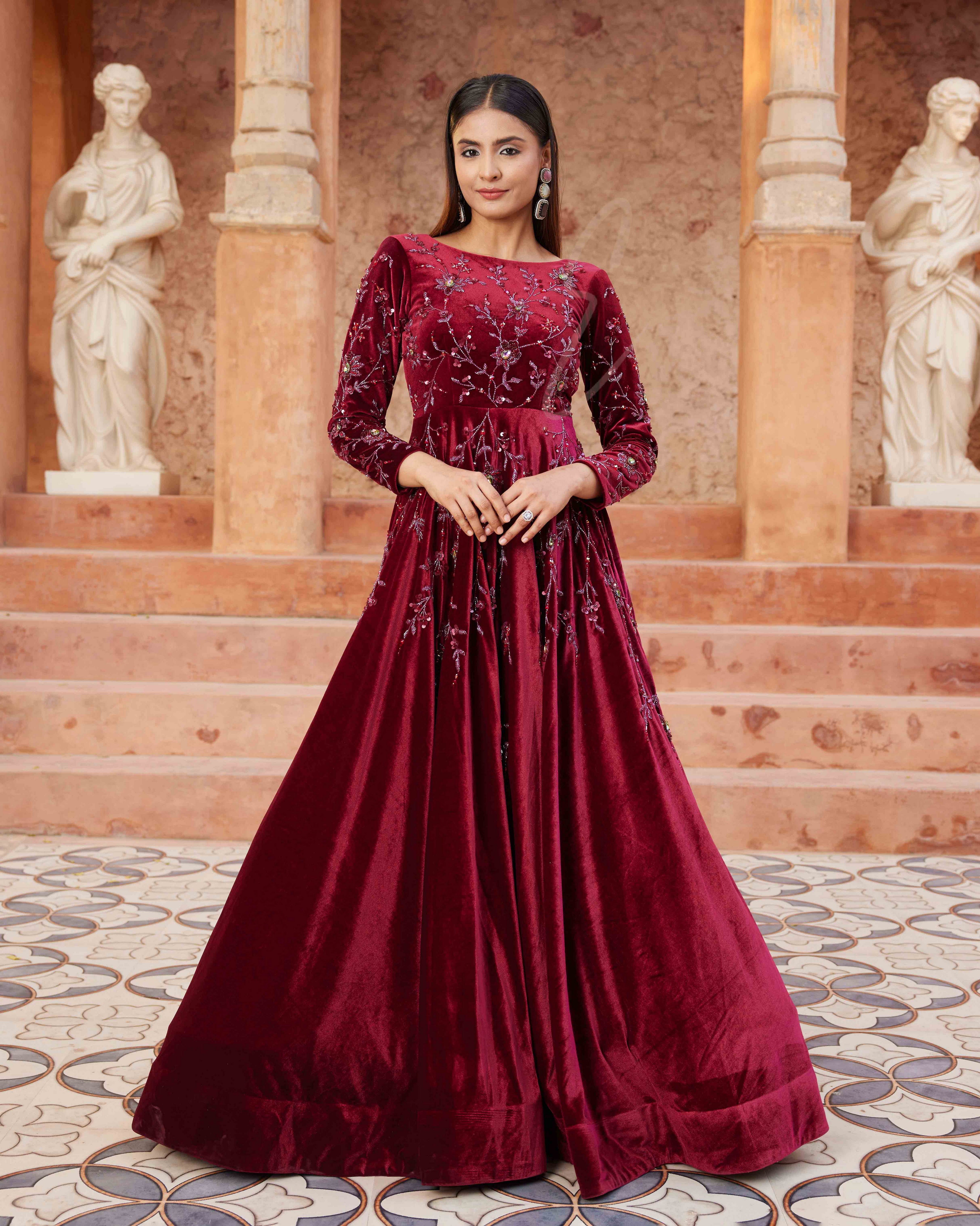 Maroon Flared Gown Crafted From Luxurious Premium Velvet