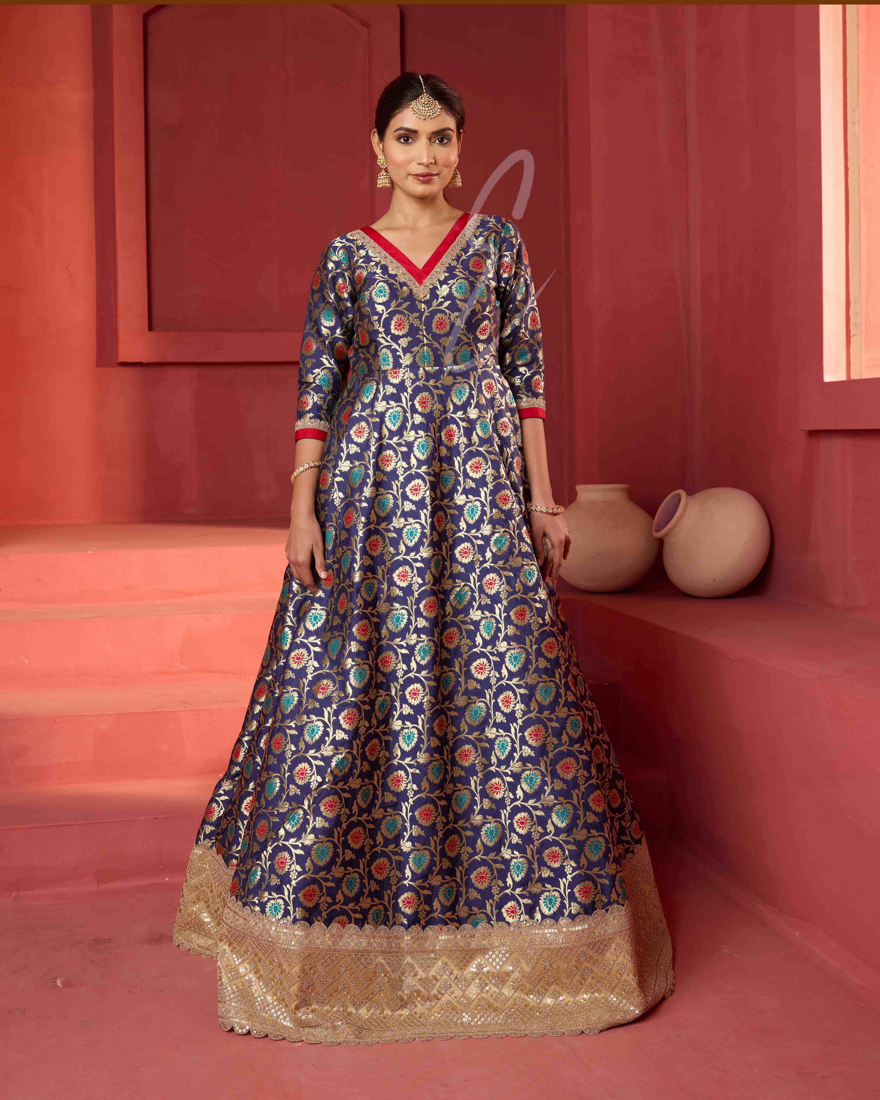 This dark blue Banarasi silk gown