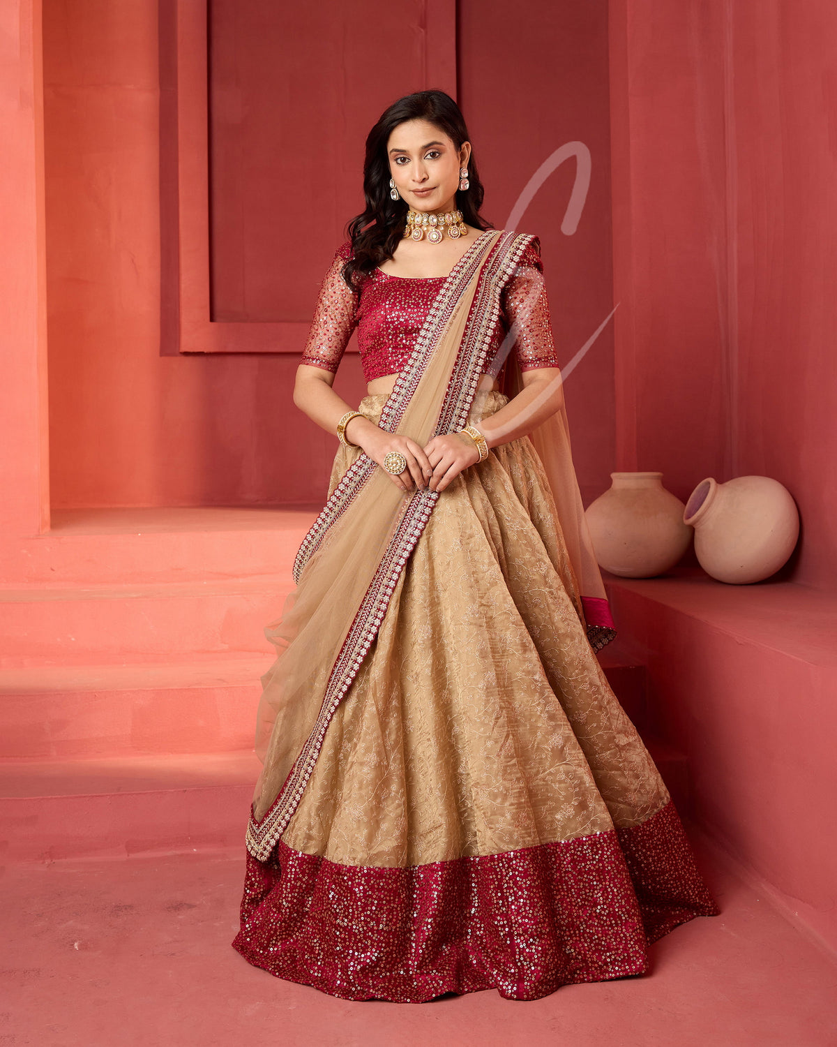 Beige and Maroon Hues Lehanga