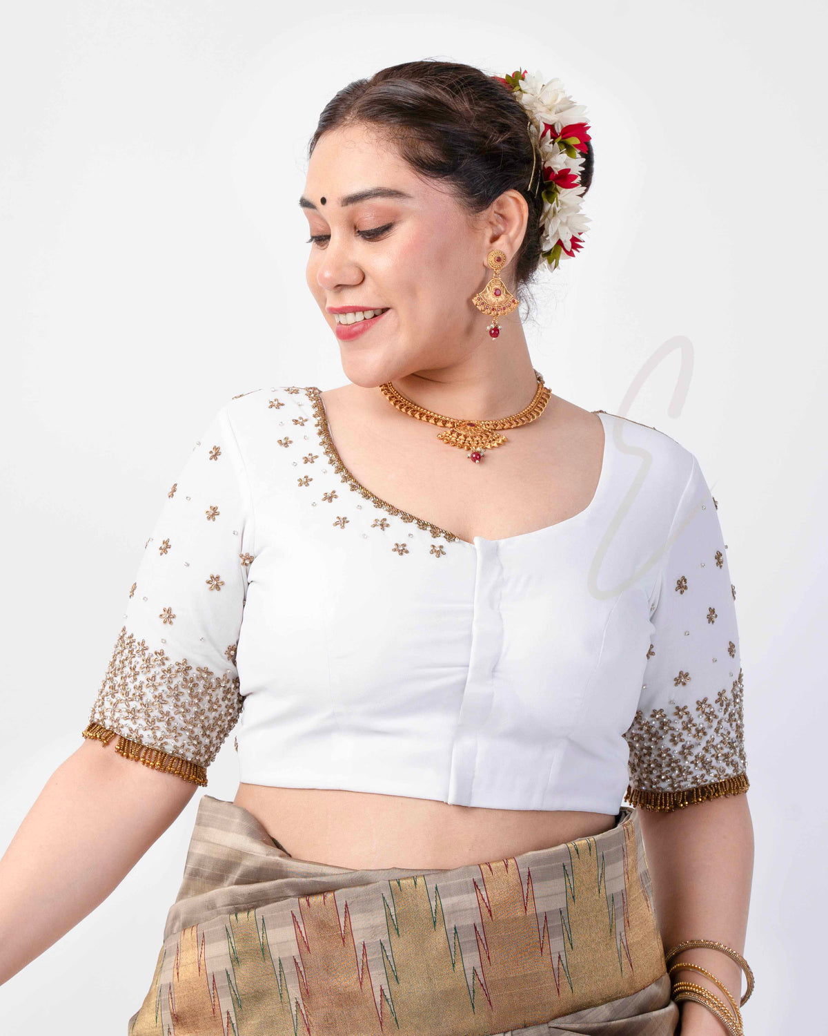 A half white georgette with net blouse