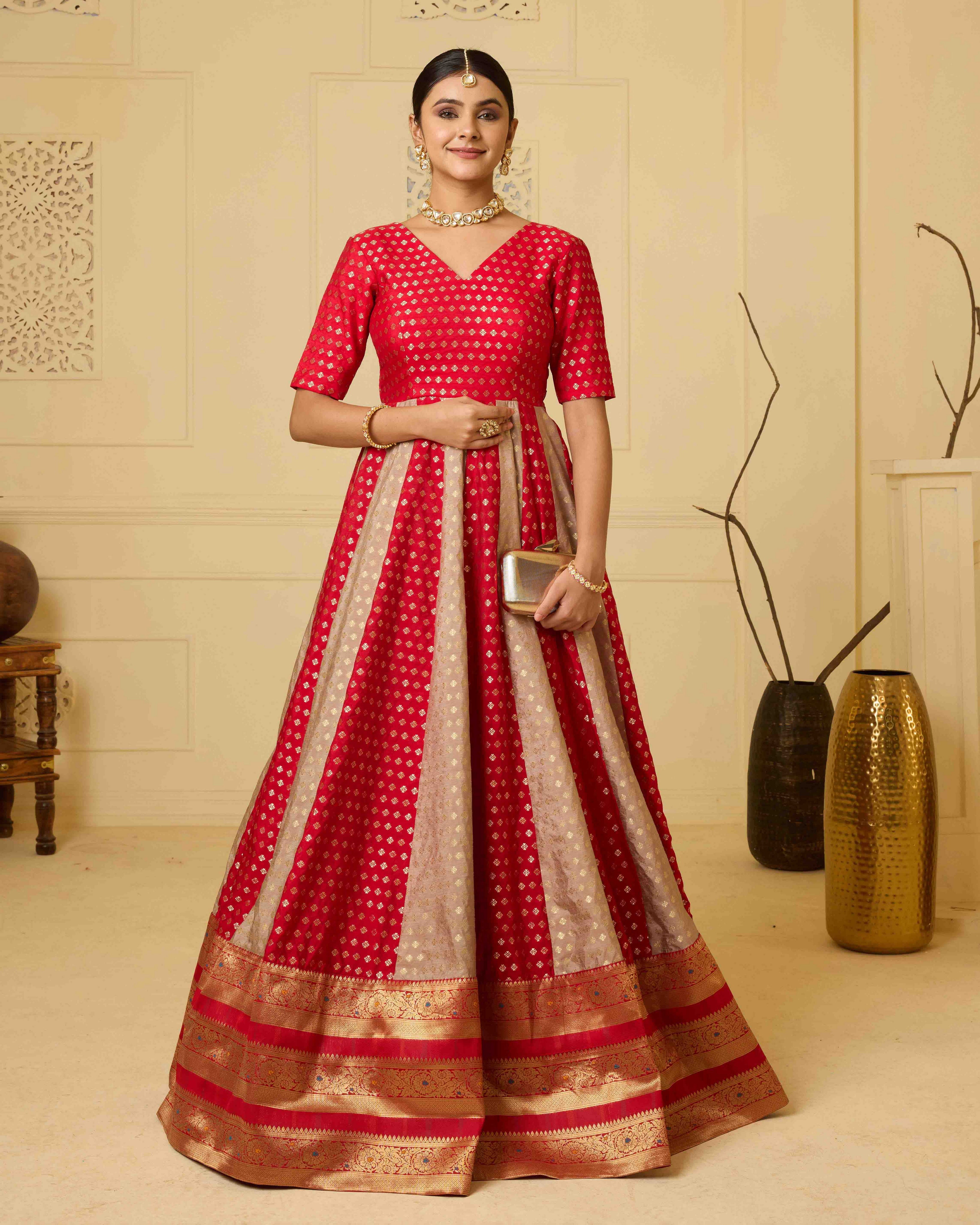 A striking red Banarasi silk gown